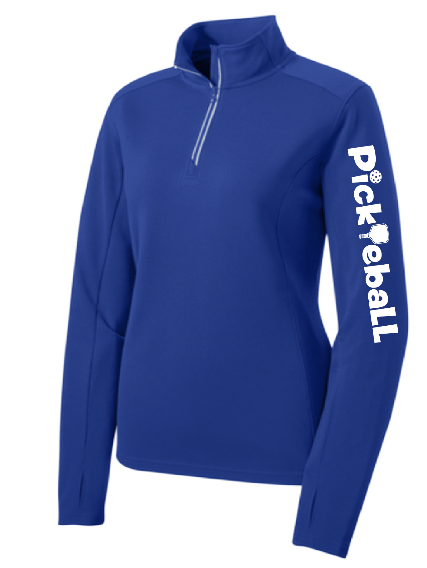 Pickleball Design: Pickleball Horizontal customizable location  Women's 1/4-Zip Pullover:  Princess seams and drop tail hem.  Turn up the volume in this Women's shirt with its perfect mix of softness and attitude. Material is ultra-comfortable with moisture wicking properties and tri-blend softness. PosiCharge technology locks in color. Highly breathable and lightweight. Versatile enough for wearing year-round.