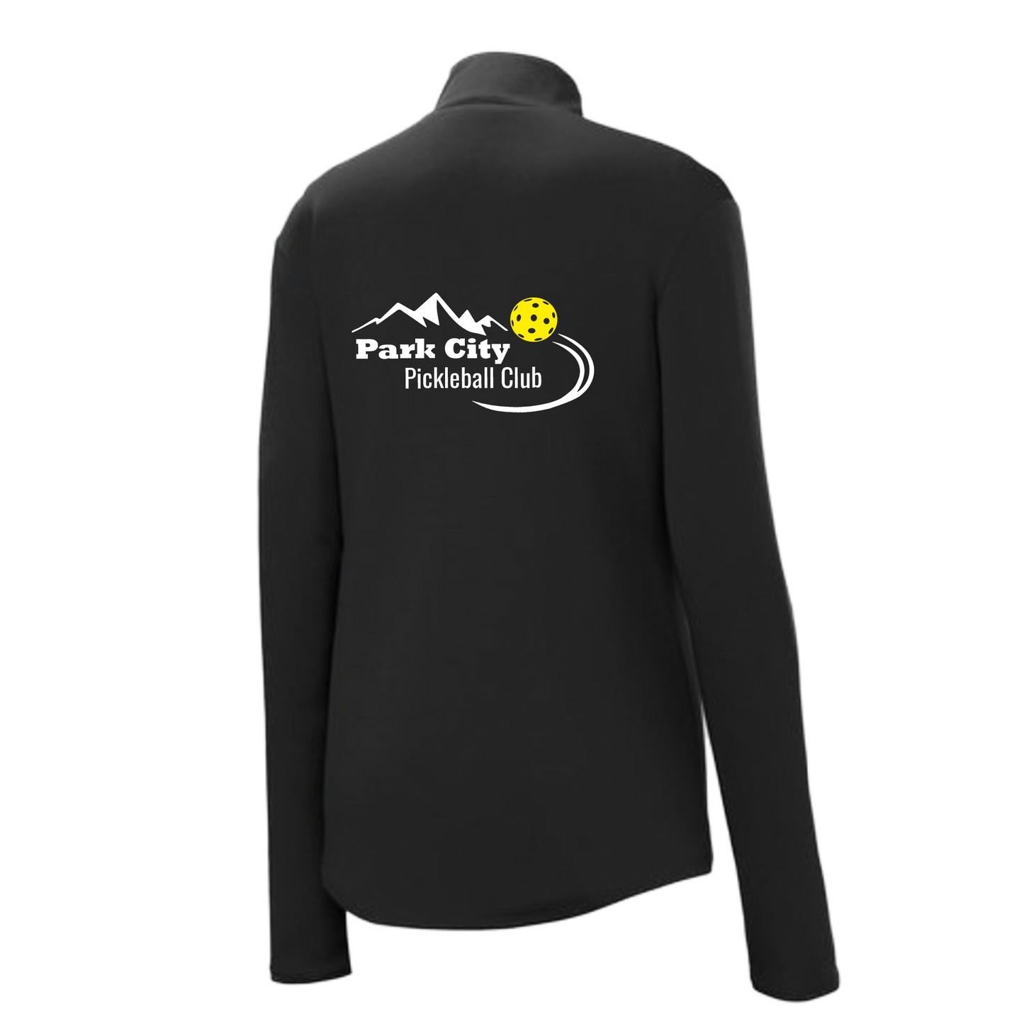Pickleball Design: Park City Pickleball Club (white words)  Women's 1/4-Zip Pullover: Princess seams and Drop tail hem.  Turn up the volume in this Women's shirt with its perfect mix of softness and attitude. Material is ultra-comfortable with moisture wicking properties and tri-blend softness. PosiCharge technology locks in color. Highly breathable and lightweight. Versatile enough for wearing year-round.