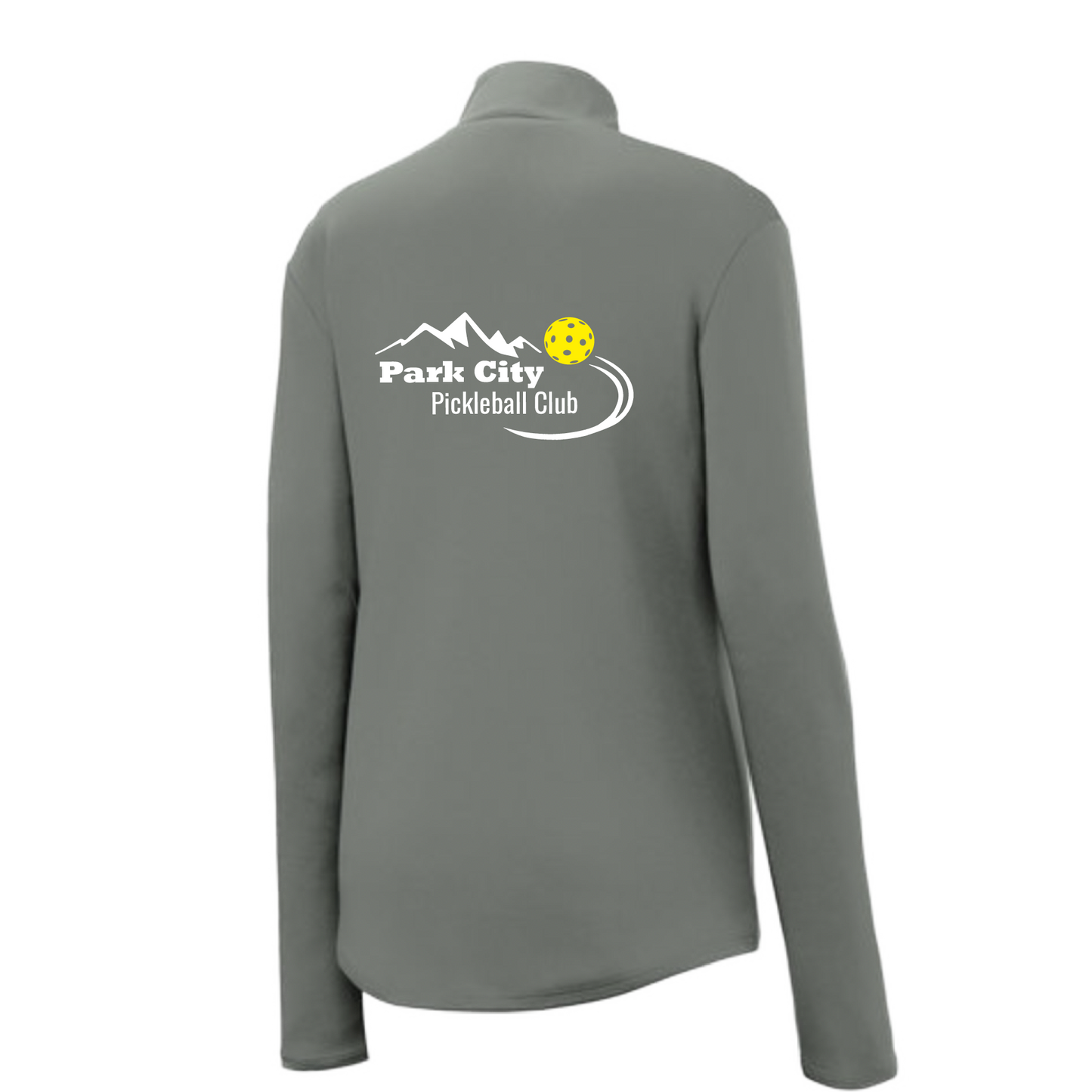 Pickleball Design: Park City Pickleball Club (white words)  Women's 1/4-Zip Pullover: Princess seams and Drop tail hem.  Turn up the volume in this Women's shirt with its perfect mix of softness and attitude. Material is ultra-comfortable with moisture wicking properties and tri-blend softness. PosiCharge technology locks in color. Highly breathable and lightweight. Versatile enough for wearing year-round.