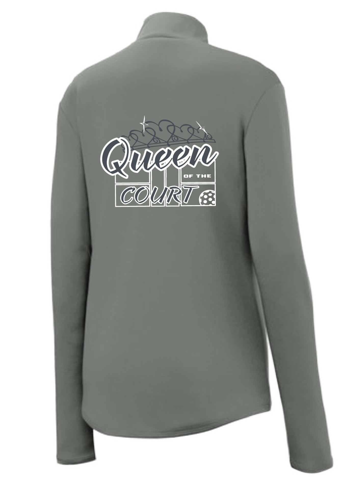 Pickleball Design: Queen of the Court  Women's 1/4-Zip Pullover:  Princess seams and drop tail hem.  Turn up the volume in this Women's shirt with its perfect mix of softness and attitude. Material is ultra-comfortable with moisture wicking properties and tri-blend softness. PosiCharge technology locks in color. Highly breathable and lightweight. Versatile enough for wearing year-round.