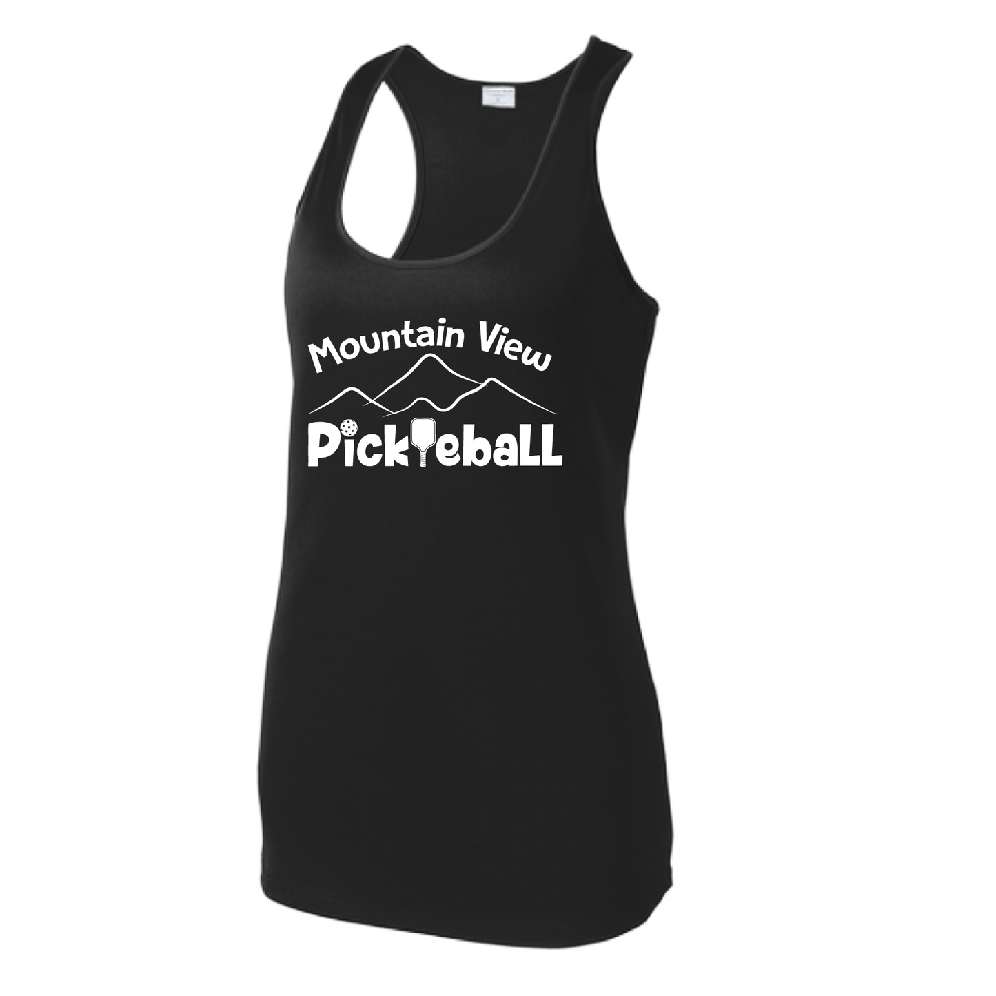 Pickleball Design: Mountain View Pickleball Club  Women's Style: Racerback Tank  Turn up the volume in this Women's shirt with its perfect mix of softness and attitude. Material is ultra-comfortable with moisture wicking properties and tri-blend softness. PosiCharge technology locks in color. Highly breathable and lightweight.