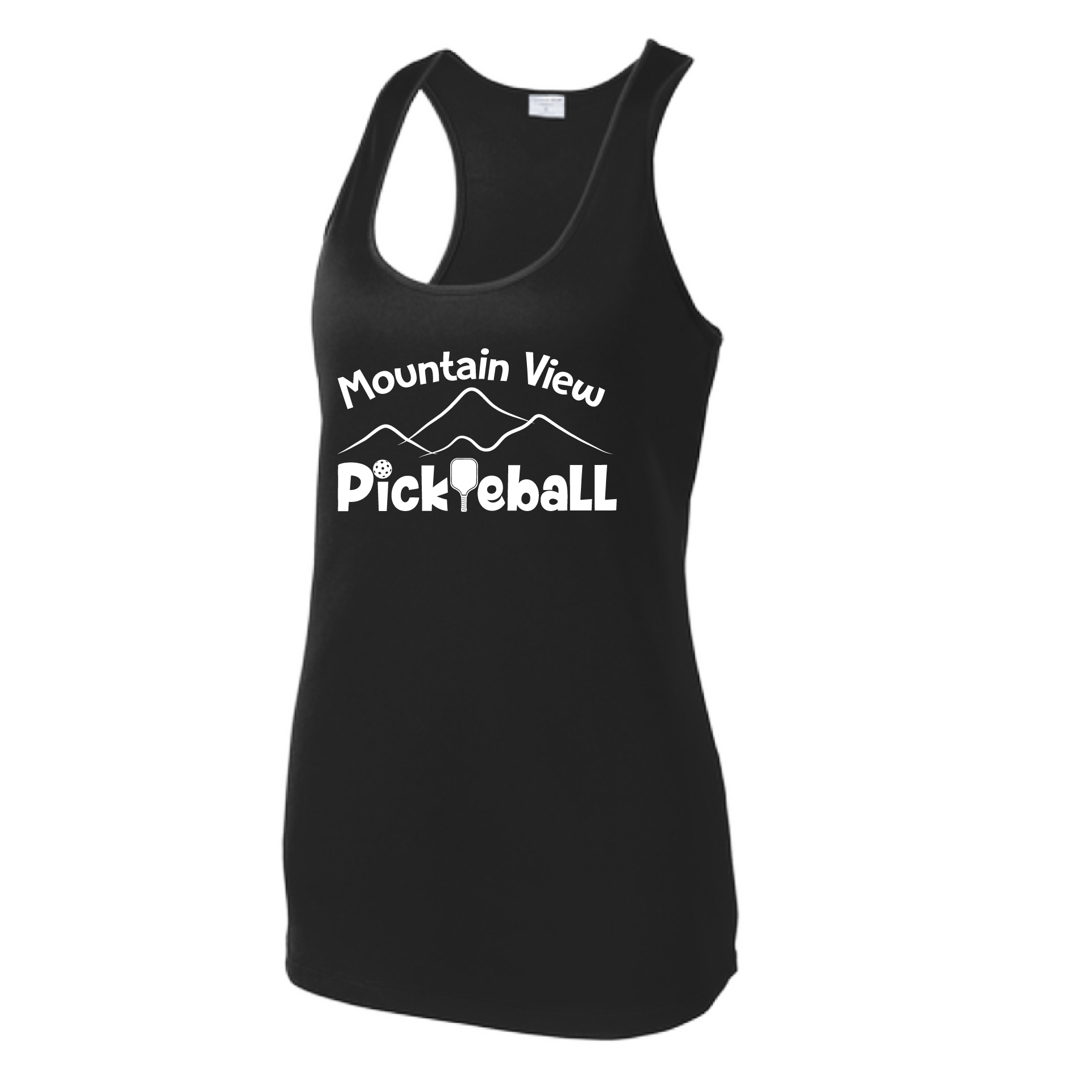 Pickleball Design: Mountain View Pickleball Club  Women's Style: Racerback Tank  Turn up the volume in this Women's shirt with its perfect mix of softness and attitude. Material is ultra-comfortable with moisture wicking properties and tri-blend softness. PosiCharge technology locks in color. Highly breathable and lightweight.