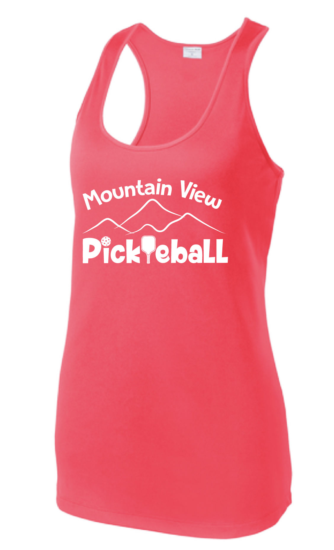 Pickleball Design: Mountain View Pickleball Club  Women's Style: Racerback Tank  Turn up the volume in this Women's shirt with its perfect mix of softness and attitude. Material is ultra-comfortable with moisture wicking properties and tri-blend softness. PosiCharge technology locks in color. Highly breathable and lightweight.