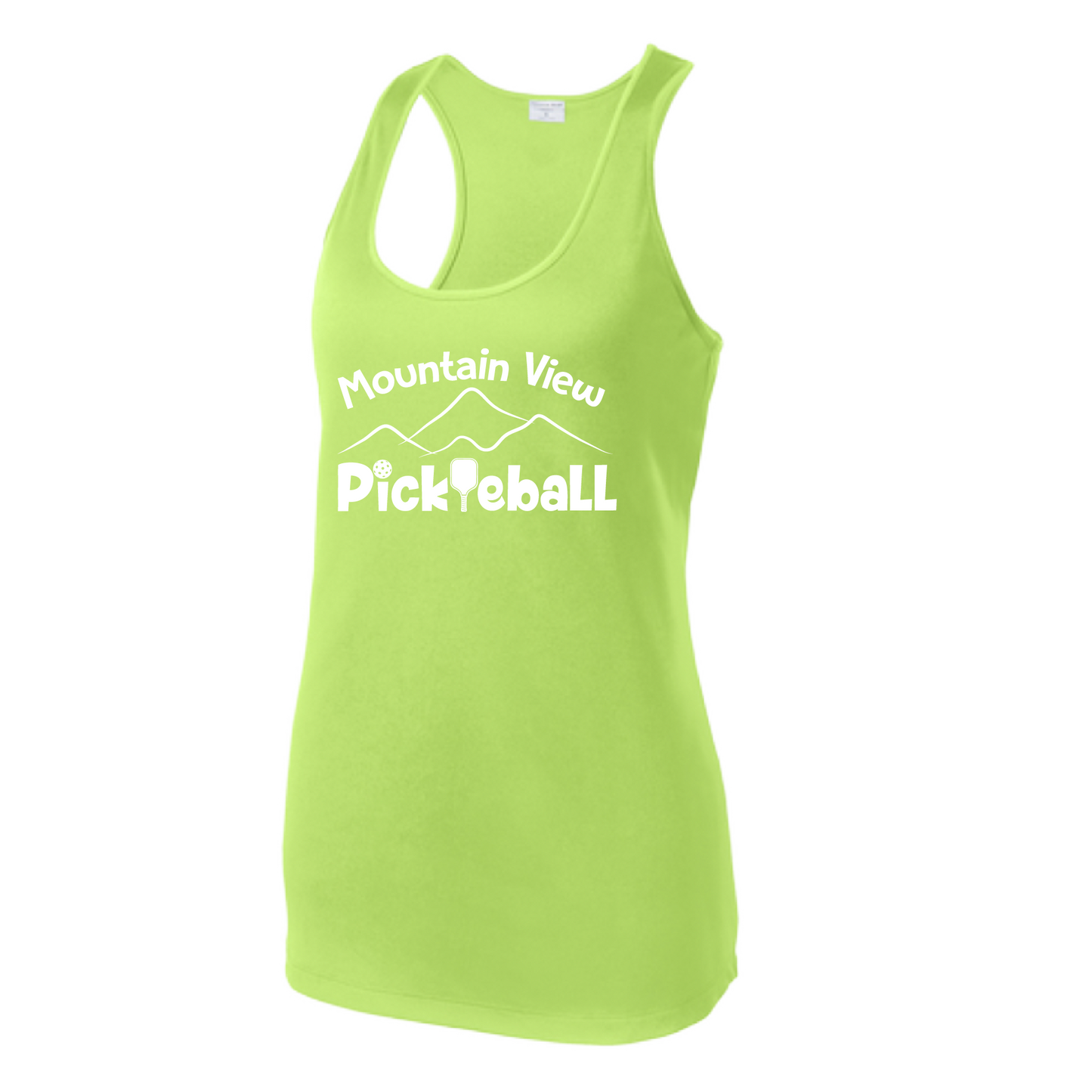 Pickleball Design: Mountain View Pickleball Club  Women's Style: Racerback Tank  Turn up the volume in this Women's shirt with its perfect mix of softness and attitude. Material is ultra-comfortable with moisture wicking properties and tri-blend softness. PosiCharge technology locks in color. Highly breathable and lightweight.