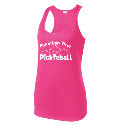 Pickleball Design: Mountain View Pickleball Club  Women's Style: Racerback Tank  Turn up the volume in this Women's shirt with its perfect mix of softness and attitude. Material is ultra-comfortable with moisture wicking properties and tri-blend softness. PosiCharge technology locks in color. Highly breathable and lightweight.