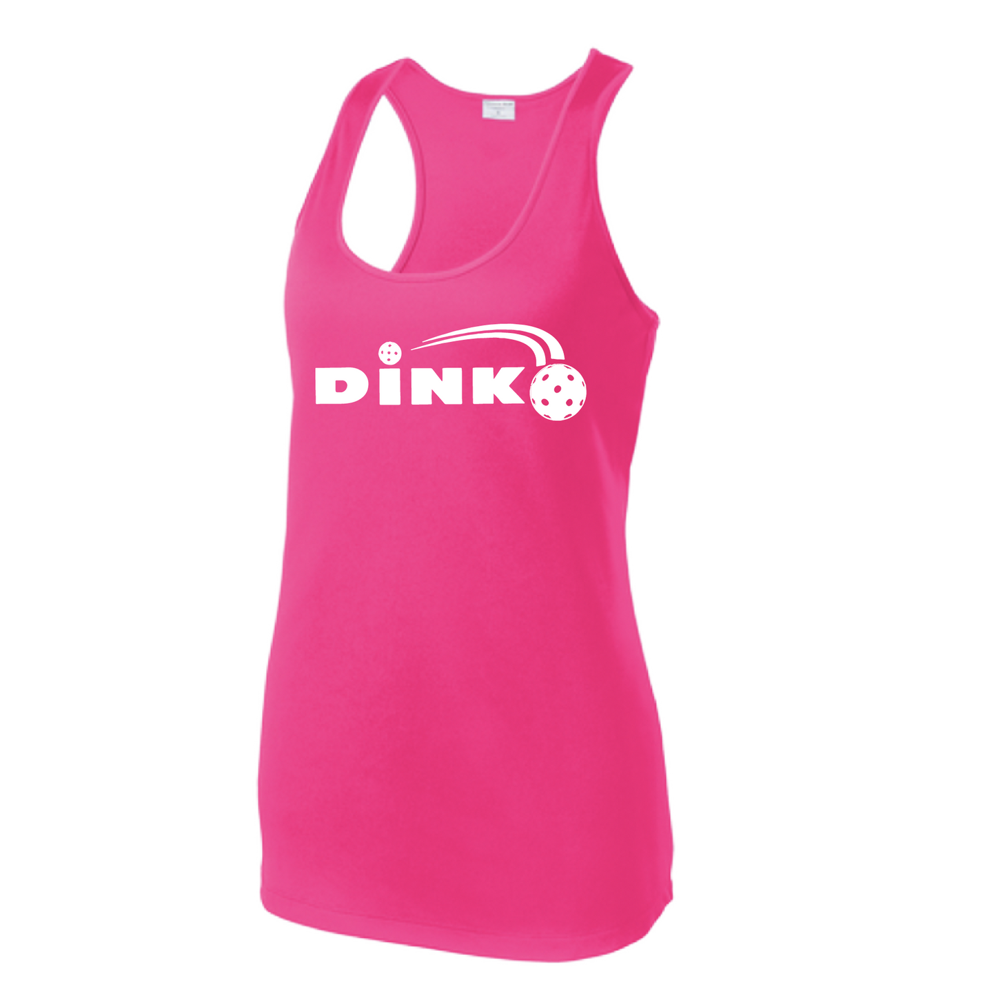 Pickleball Design: Dink  Women's Style: Racerback Tank  Turn up the volume in this Women's shirt with its perfect mix of softness and attitude. Material is ultra-comfortable with moisture wicking properties and tri-blend softness. PosiCharge technology locks in color. Highly breathable and lightweight.