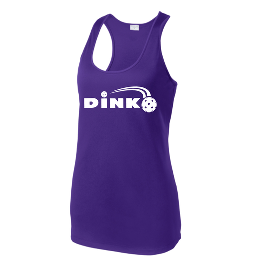 Pickleball Design: Dink  Women's Style: Racerback Tank  Turn up the volume in this Women's shirt with its perfect mix of softness and attitude. Material is ultra-comfortable with moisture wicking properties and tri-blend softness. PosiCharge technology locks in color. Highly breathable and lightweight.