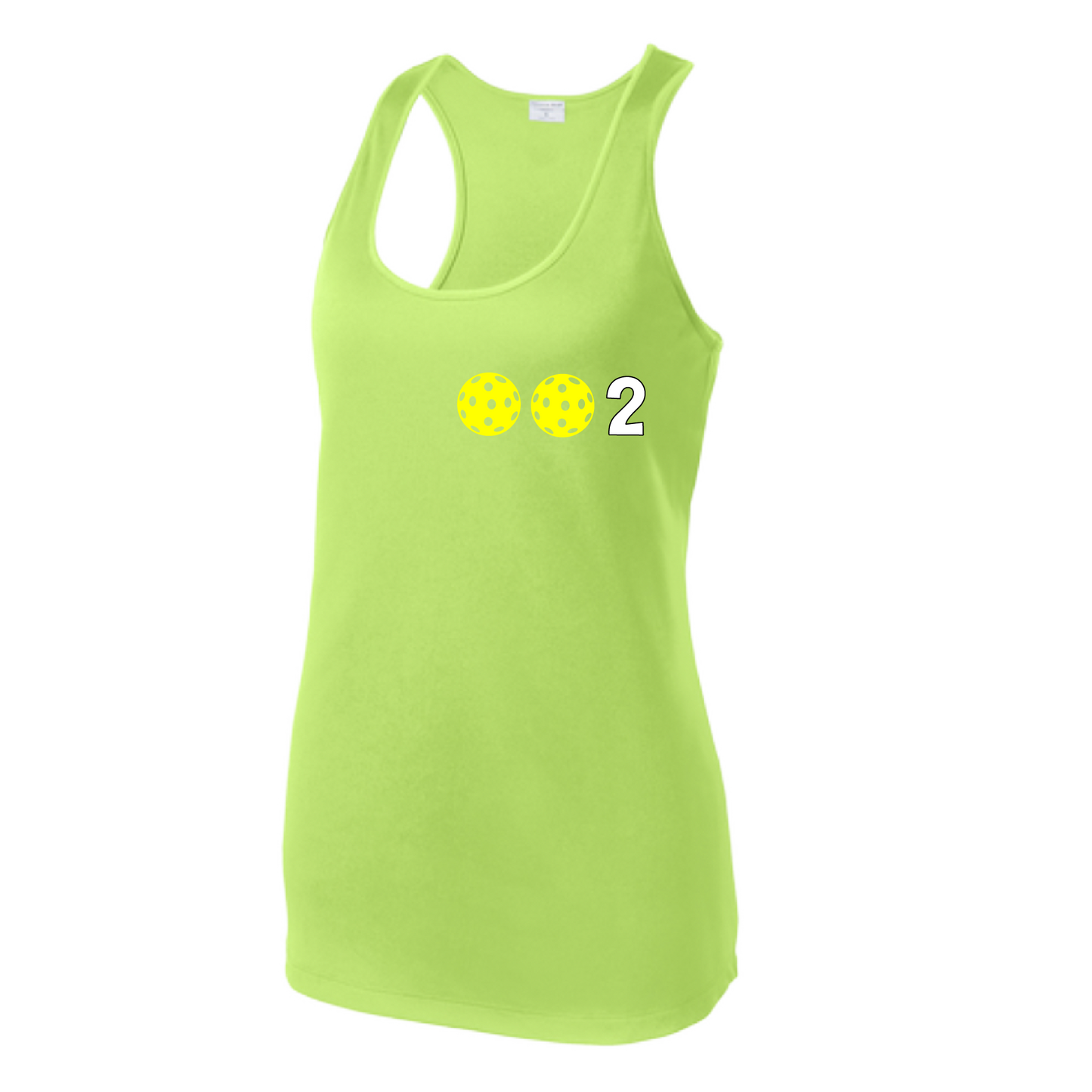 Design: 002 with Customizable Ball Colors (Yellow, Pink, White)  Women's Styles: Racerback Tank  Shirts are lightweight, roomy and highly breathable. These moisture-wicking shirts are designed for athletic performance. They feature PosiCharge technology to lock in color and prevent logos from fading. Removable tag and set-in sleeves for comfort.