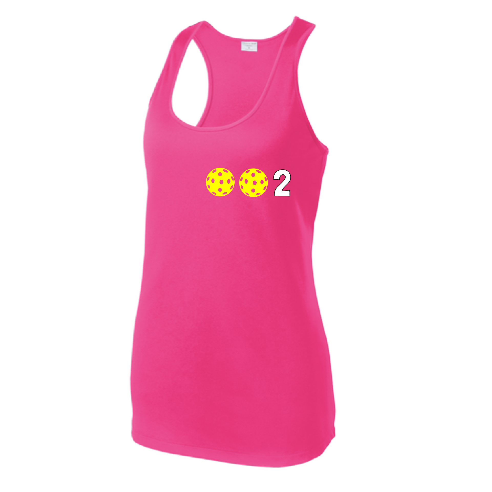 Design: 002 with Customizable Ball Colors (Yellow, Pink, White)  Women's Styles: Racerback Tank  Shirts are lightweight, roomy and highly breathable. These moisture-wicking shirts are designed for athletic performance. They feature PosiCharge technology to lock in color and prevent logos from fading. Removable tag and set-in sleeves for comfort.