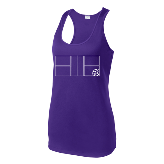 Pickleball Design: Pickleball Court with Pickleball  Women's Style: Racerback Tank  Turn up the volume in this Women's shirt with its perfect mix of softness and attitude. Material is ultra-comfortable with moisture wicking properties and tri-blend softness. PosiCharge technology locks in color. Highly breathable and lightweight.