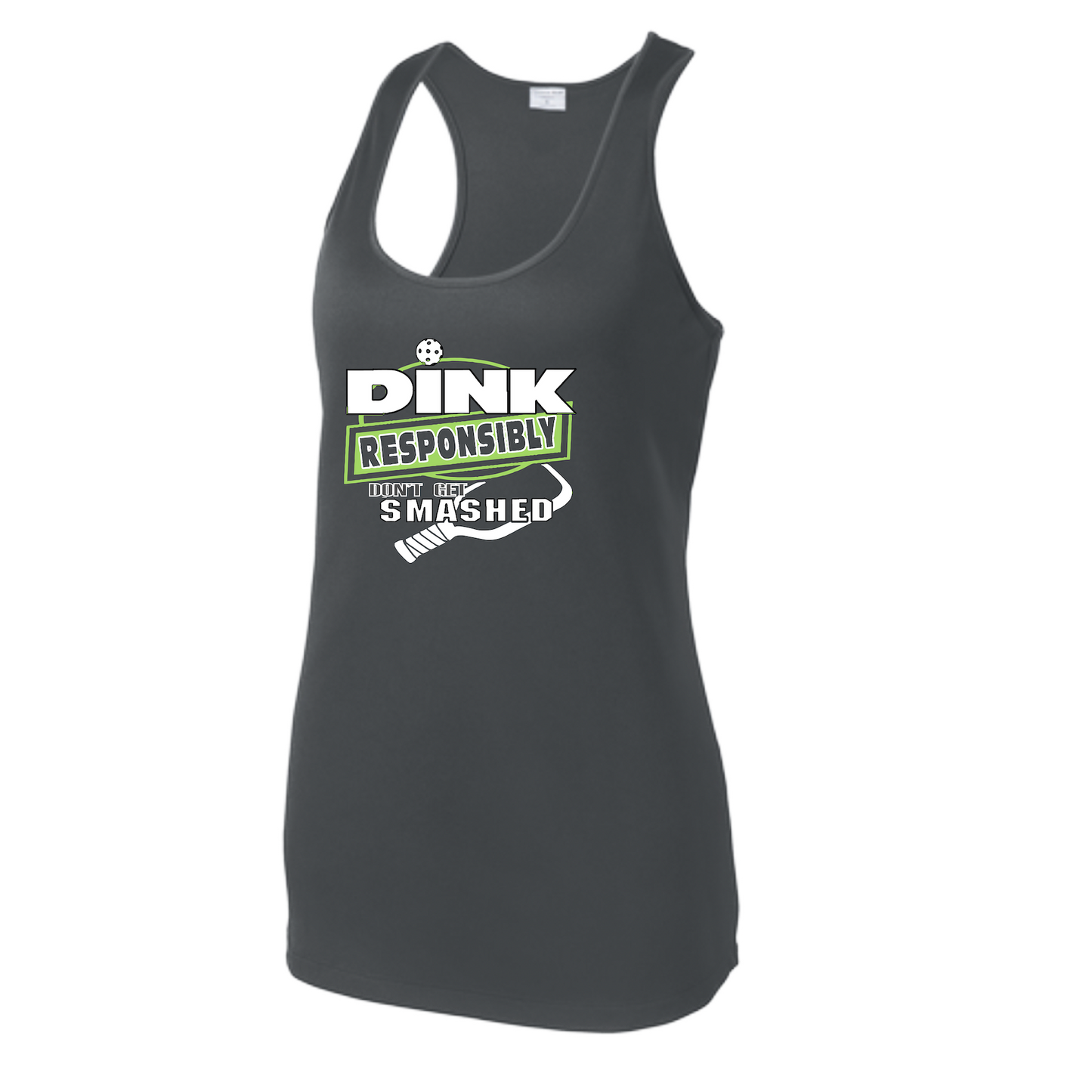 Pickleball Design: Dink Responsibly - Don't Get Smashed  Women's Style: Racerback Tank  Turn up the volume in this Women's shirt with its perfect mix of softness and attitude. Material is ultra-comfortable with moisture wicking properties and tri-blend softness. PosiCharge technology locks in color. Highly breathable and lightweight.