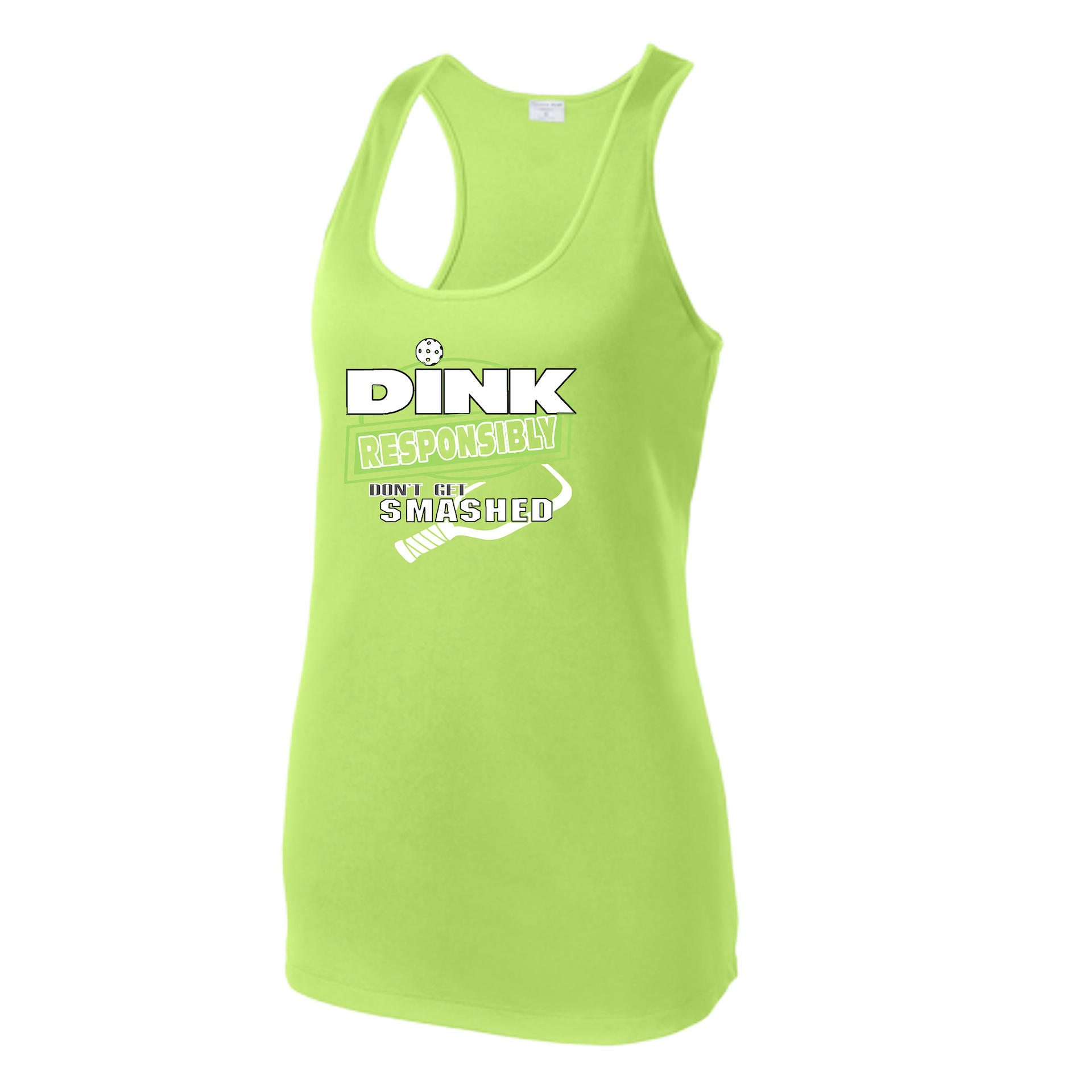 Pickleball Design: Dink Responsibly - Don't Get Smashed  Women's Style: Racerback Tank  Turn up the volume in this Women's shirt with its perfect mix of softness and attitude. Material is ultra-comfortable with moisture wicking properties and tri-blend softness. PosiCharge technology locks in color. Highly breathable and lightweight.