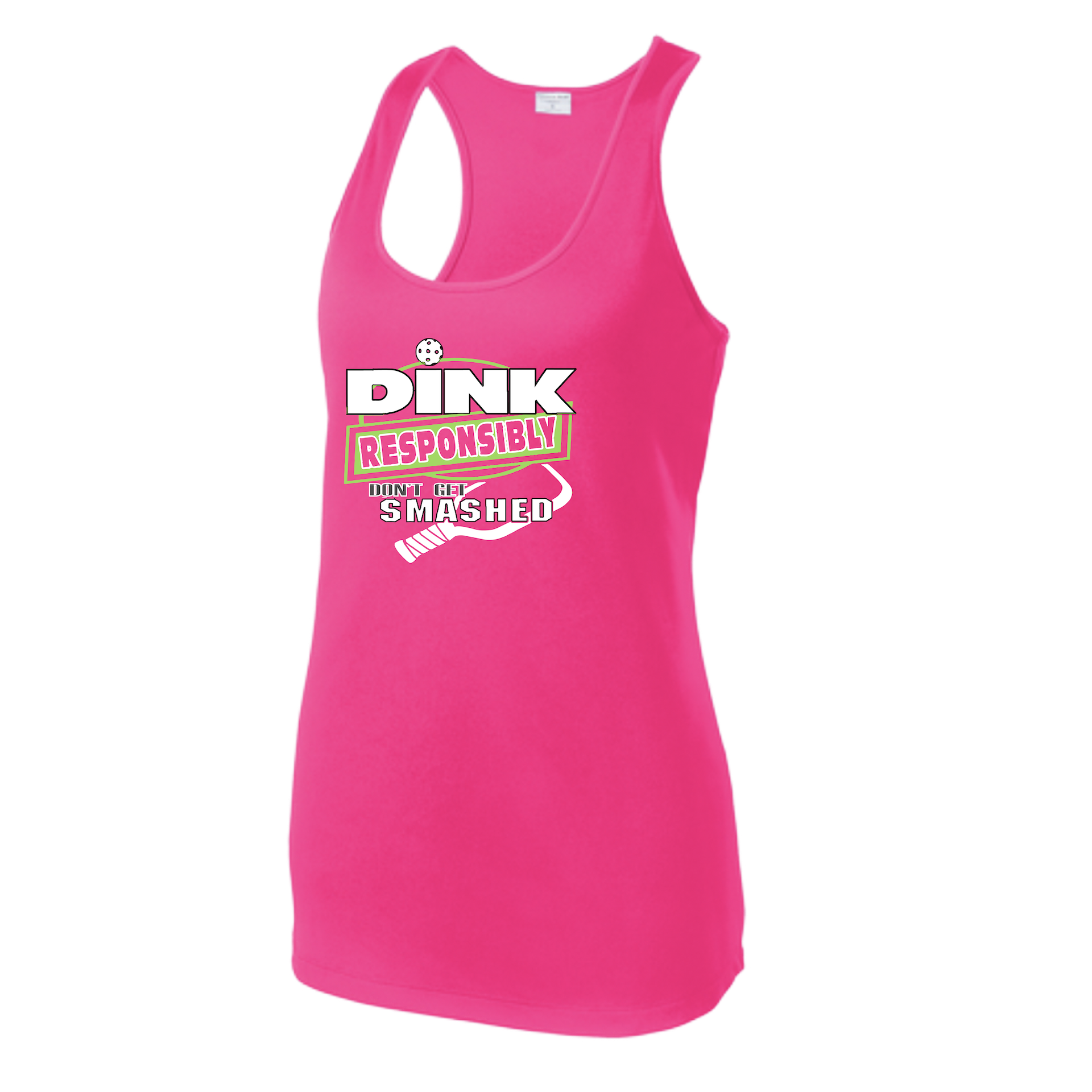 Pickleball Design: Dink Responsibly - Don't Get Smashed  Women's Style: Racerback Tank  Turn up the volume in this Women's shirt with its perfect mix of softness and attitude. Material is ultra-comfortable with moisture wicking properties and tri-blend softness. PosiCharge technology locks in color. Highly breathable and lightweight.