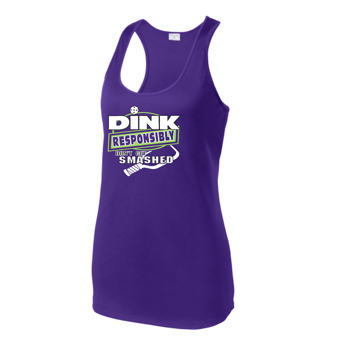 Pickleball Design: Dink Responsibly - Don't Get Smashed  Women's Style: Racerback Tank  Turn up the volume in this Women's shirt with its perfect mix of softness and attitude. Material is ultra-comfortable with moisture wicking properties and tri-blend softness. PosiCharge technology locks in color. Highly breathable and lightweight.