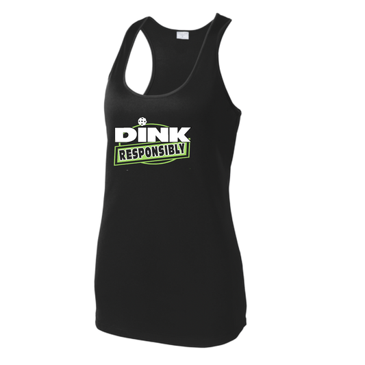Pickleball Design: Dink Responsibly  Women's Style: Racerback Tank  Turn up the volume in this Women's shirt with its perfect mix of softness and attitude. Material is ultra-comfortable with moisture wicking properties and tri-blend softness. PosiCharge technology locks in color. Highly breathable and lightweight.