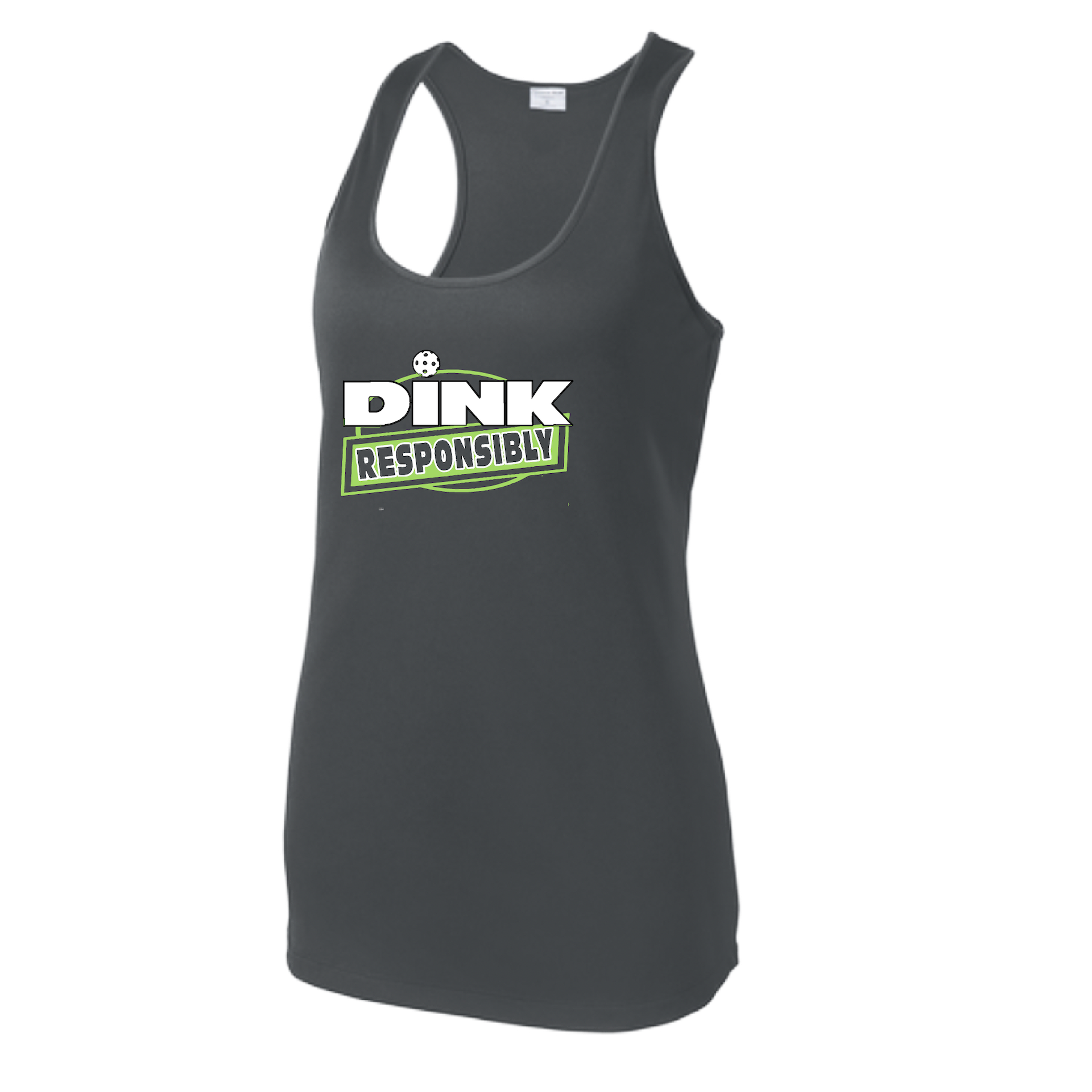 Pickleball Design: Dink Responsibly  Women's Style: Racerback Tank  Turn up the volume in this Women's shirt with its perfect mix of softness and attitude. Material is ultra-comfortable with moisture wicking properties and tri-blend softness. PosiCharge technology locks in color. Highly breathable and lightweight.