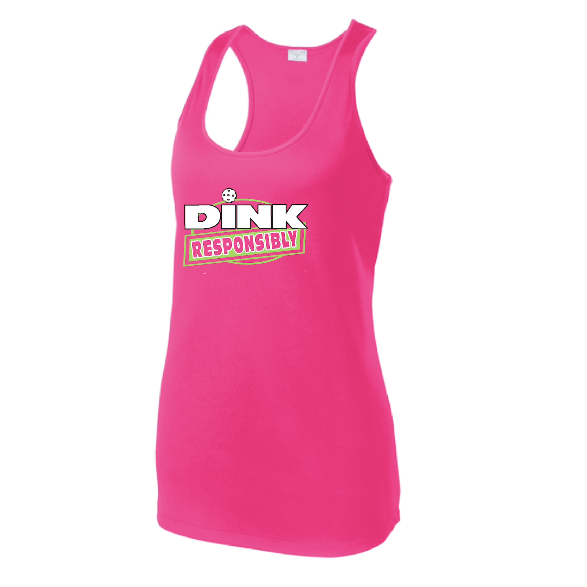 Pickleball Design: Dink Responsibly  Women's Style: Racerback Tank  Turn up the volume in this Women's shirt with its perfect mix of softness and attitude. Material is ultra-comfortable with moisture wicking properties and tri-blend softness. PosiCharge technology locks in color. Highly breathable and lightweight.