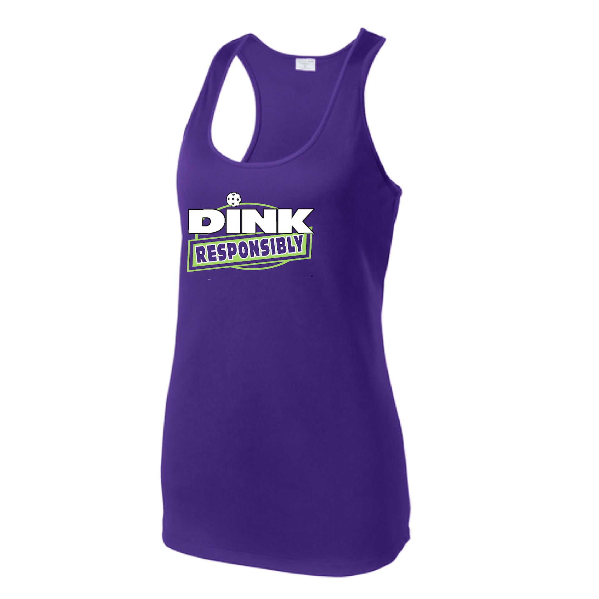 Pickleball Design: Dink Responsibly  Women's Style: Racerback Tank  Turn up the volume in this Women's shirt with its perfect mix of softness and attitude. Material is ultra-comfortable with moisture wicking properties and tri-blend softness. PosiCharge technology locks in color. Highly breathable and lightweight.