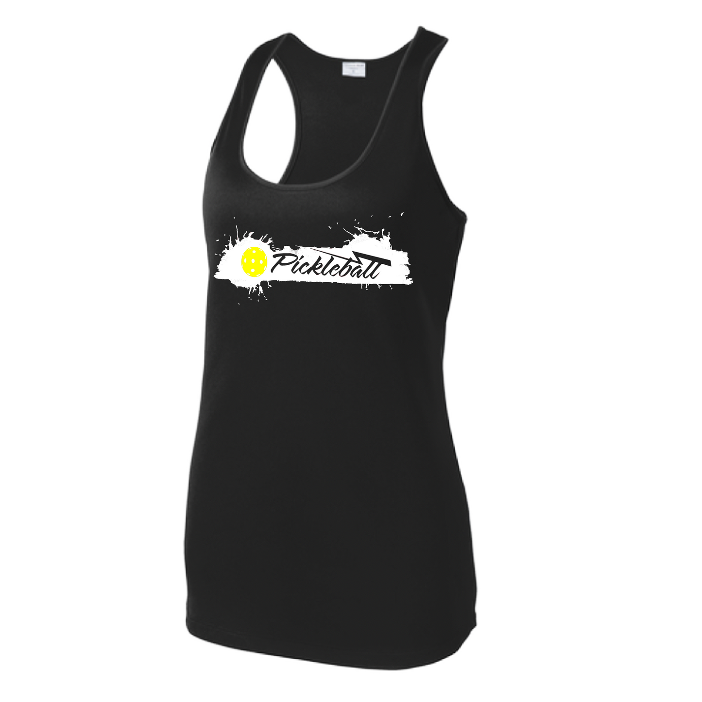 Pickleball Design: Extreme  Women's Style: Racerback Tank  Turn up the volume in this Women's shirt with its perfect mix of softness and attitude. Material is ultra-comfortable with moisture wicking properties and tri-blend softness. PosiCharge technology locks in color. Highly breathable and lightweight.