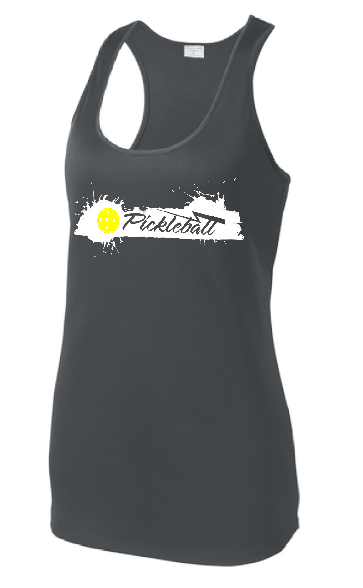 Pickleball Design: Extreme  Women's Style: Racerback Tank  Turn up the volume in this Women's shirt with its perfect mix of softness and attitude. Material is ultra-comfortable with moisture wicking properties and tri-blend softness. PosiCharge technology locks in color. Highly breathable and lightweight.