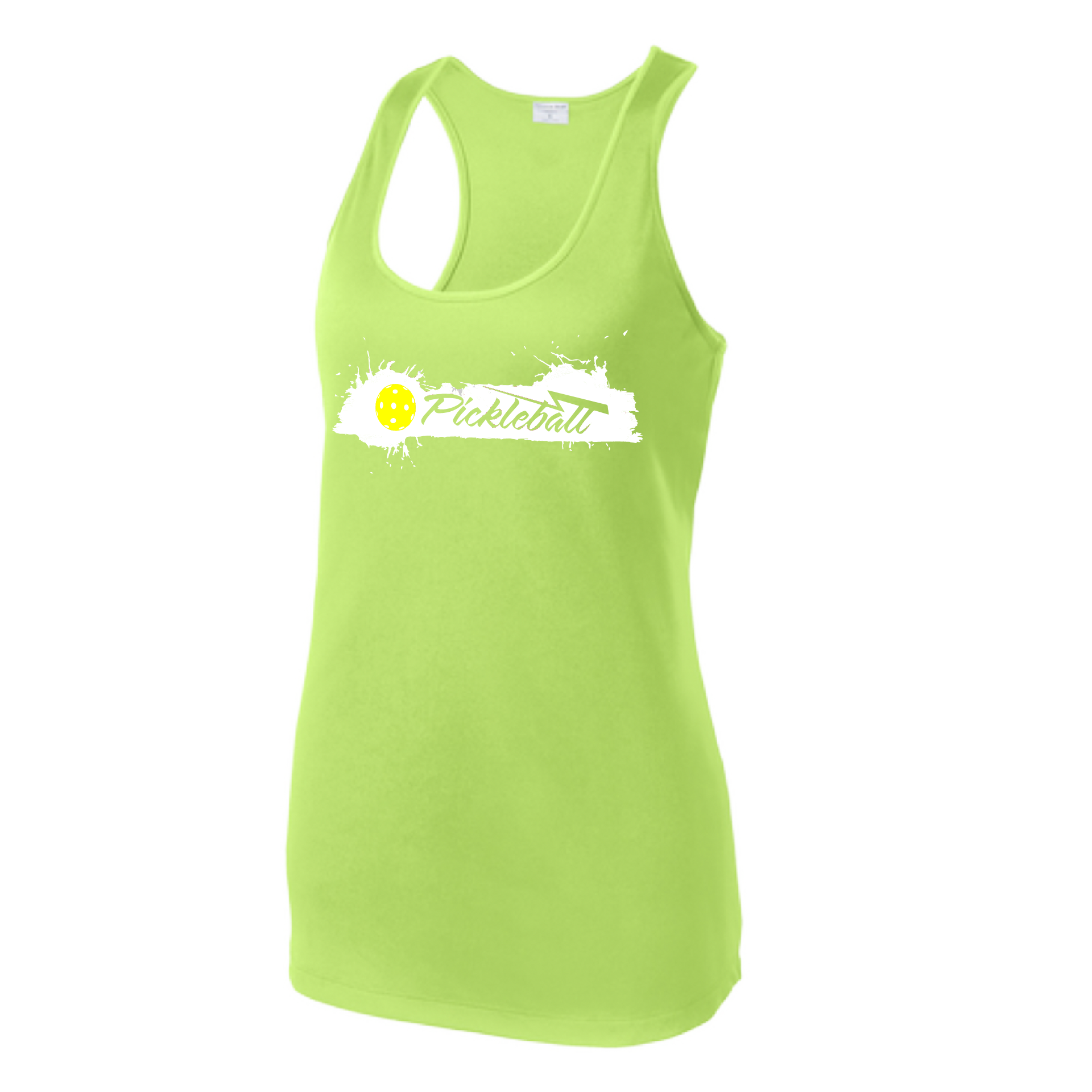 Pickleball Design: Extreme  Women's Style: Racerback Tank  Turn up the volume in this Women's shirt with its perfect mix of softness and attitude. Material is ultra-comfortable with moisture wicking properties and tri-blend softness. PosiCharge technology locks in color. Highly breathable and lightweight.