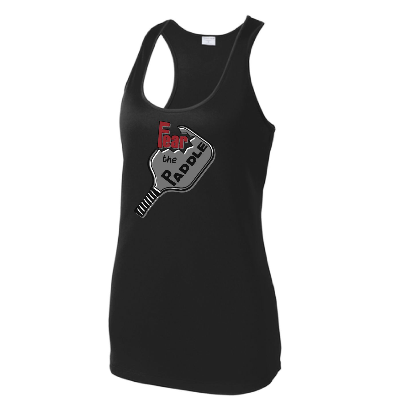 Pickleball Design: Fear the Paddle  Women's Style: Racerback Tank  Turn up the volume in this Women's shirt with its perfect mix of softness and attitude. Material is ultra-comfortable with moisture wicking properties and tri-blend softness. PosiCharge technology locks in color. Highly breathable and lightweight.