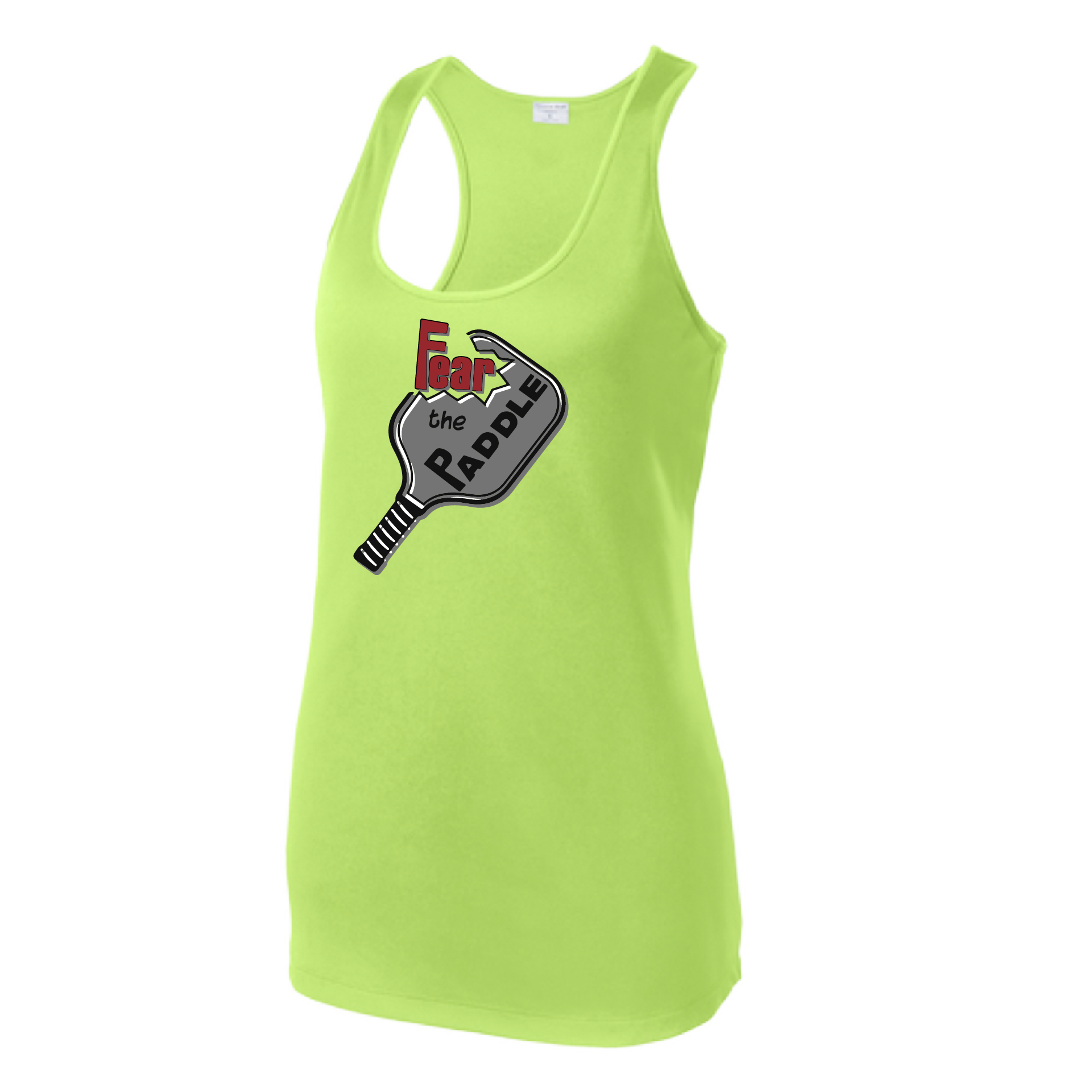 Pickleball Design: Fear the Paddle  Women's Style: Racerback Tank  Turn up the volume in this Women's shirt with its perfect mix of softness and attitude. Material is ultra-comfortable with moisture wicking properties and tri-blend softness. PosiCharge technology locks in color. Highly breathable and lightweight.