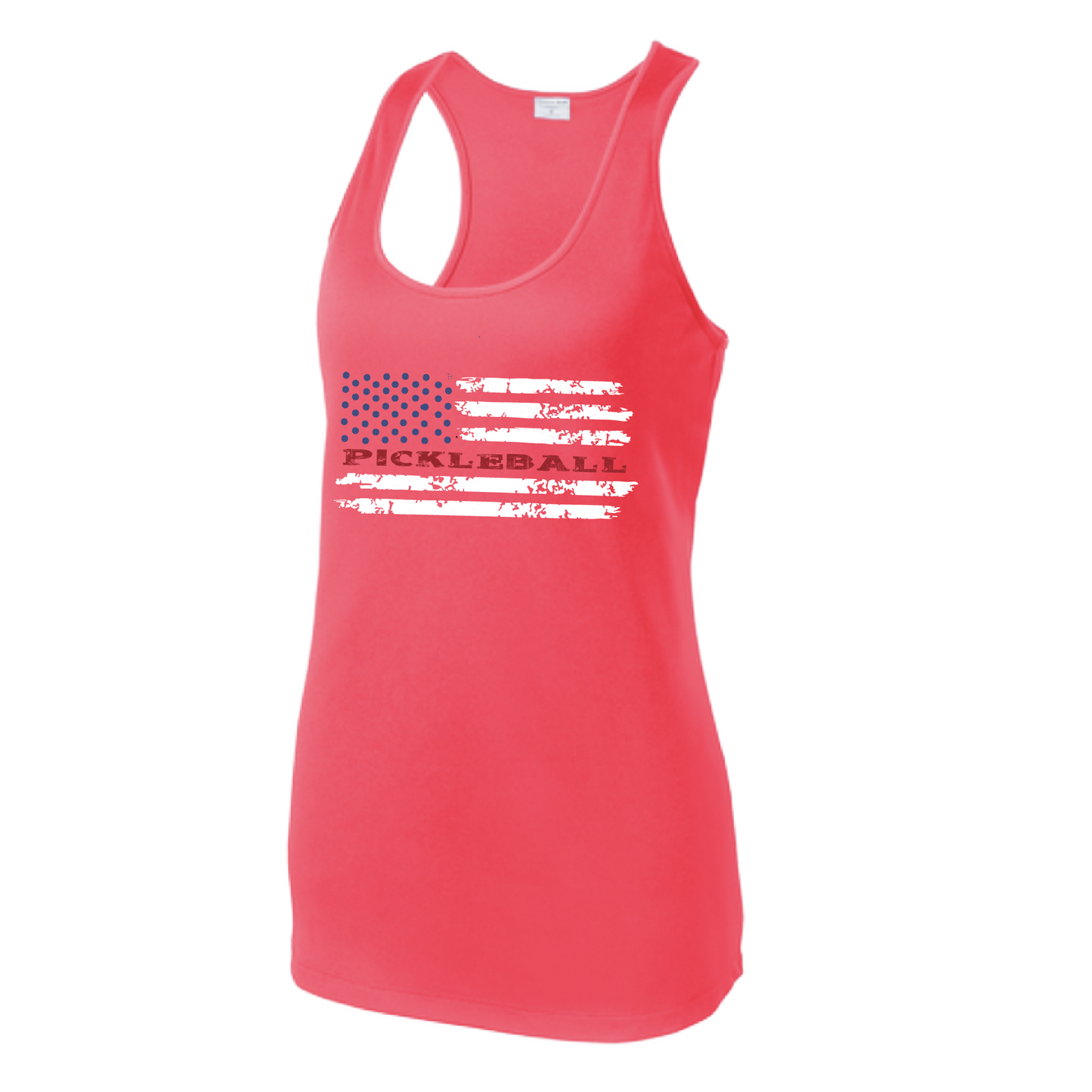 Pickleball Design: Pickleball Flag Horizontal or Vertical on Front of Shirt  Women's Style: Racerback Tank  Turn up the volume in this Women's shirt with its perfect mix of softness and attitude. Material is ultra-comfortable with moisture wicking properties and tri-blend softness. PosiCharge technology locks in color. Highly breathable and lightweight.