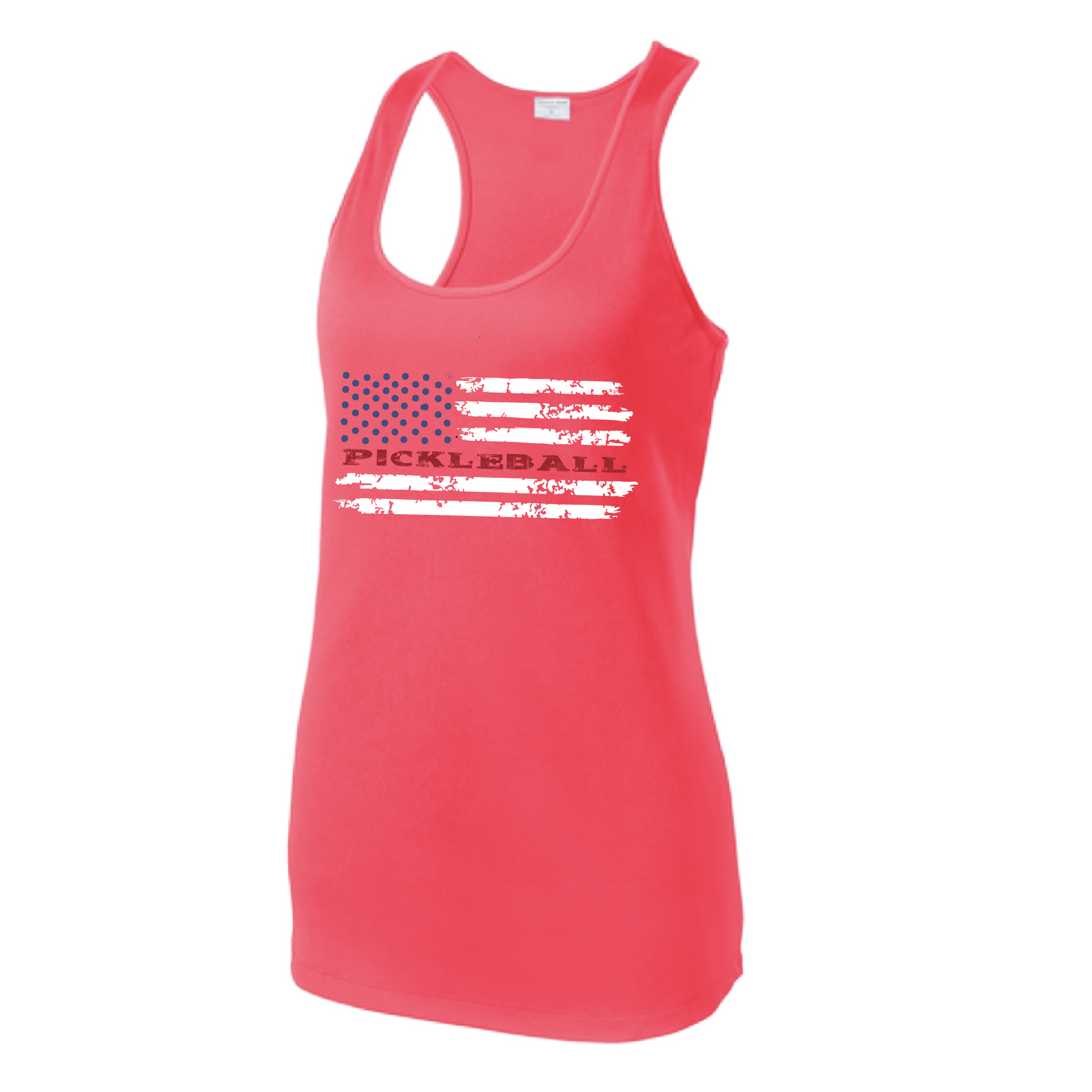 Pickleball Design: Pickleball Flag Horizontal or Vertical on Front of Shirt  Women's Style: Racerback Tank  Turn up the volume in this Women's shirt with its perfect mix of softness and attitude. Material is ultra-comfortable with moisture wicking properties and tri-blend softness. PosiCharge technology locks in color. Highly breathable and lightweight.