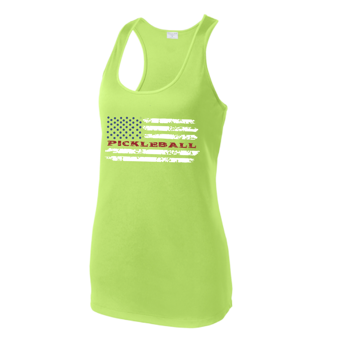 Pickleball Design: Pickleball Flag Horizontal or Vertical on Front of Shirt  Women's Style: Racerback Tank  Turn up the volume in this Women's shirt with its perfect mix of softness and attitude. Material is ultra-comfortable with moisture wicking properties and tri-blend softness. PosiCharge technology locks in color. Highly breathable and lightweight.
