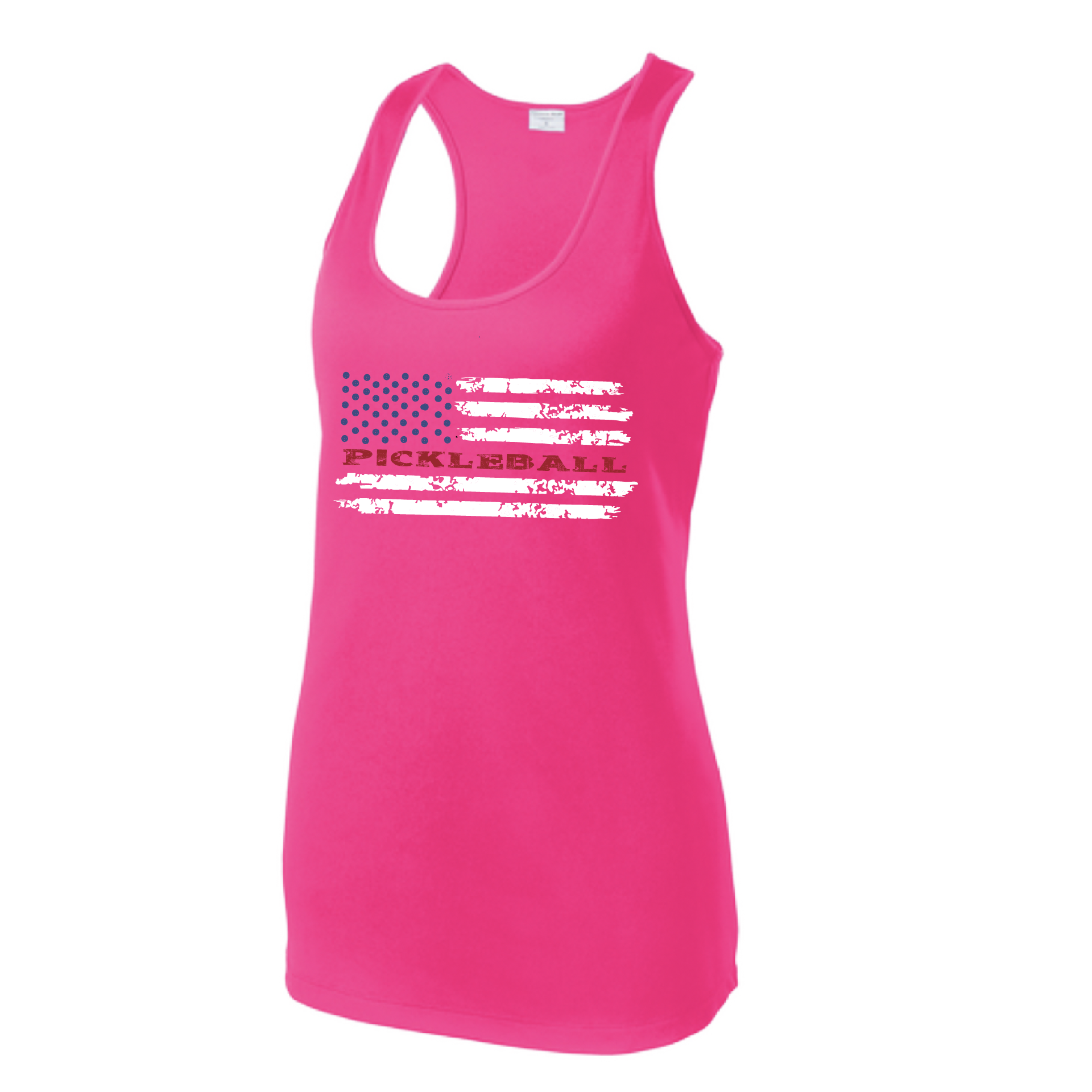 Pickleball Design: Pickleball Flag Horizontal or Vertical on Front of Shirt  Women's Style: Racerback Tank  Turn up the volume in this Women's shirt with its perfect mix of softness and attitude. Material is ultra-comfortable with moisture wicking properties and tri-blend softness. PosiCharge technology locks in color. Highly breathable and lightweight.