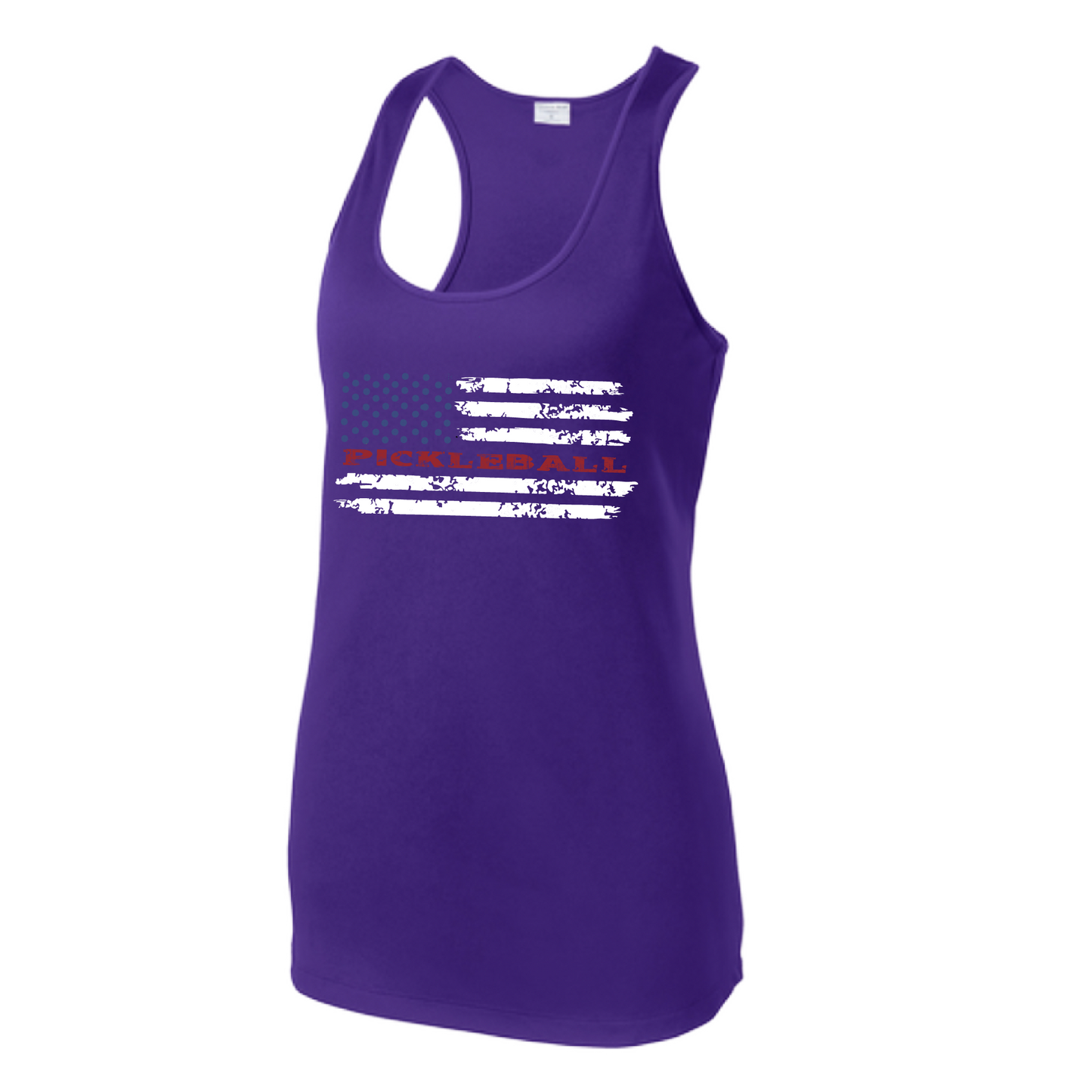 Pickleball Design: Pickleball Flag Horizontal or Vertical on Front of Shirt  Women's Style: Racerback Tank  Turn up the volume in this Women's shirt with its perfect mix of softness and attitude. Material is ultra-comfortable with moisture wicking properties and tri-blend softness. PosiCharge technology locks in color. Highly breathable and lightweight.