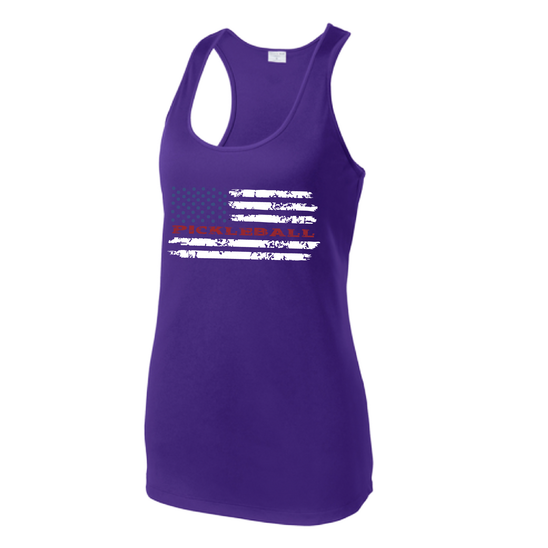 Pickleball Design: Pickleball Flag Horizontal or Vertical on Front of Shirt  Women's Style: Racerback Tank  Turn up the volume in this Women's shirt with its perfect mix of softness and attitude. Material is ultra-comfortable with moisture wicking properties and tri-blend softness. PosiCharge technology locks in color. Highly breathable and lightweight.