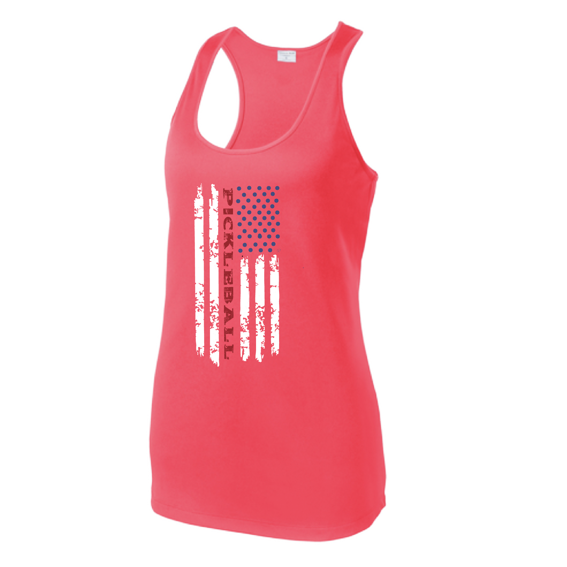 Pickleball Design: Pickleball Flag Horizontal or Vertical on Front of Shirt  Women's Style: Racerback Tank  Turn up the volume in this Women's shirt with its perfect mix of softness and attitude. Material is ultra-comfortable with moisture wicking properties and tri-blend softness. PosiCharge technology locks in color. Highly breathable and lightweight.