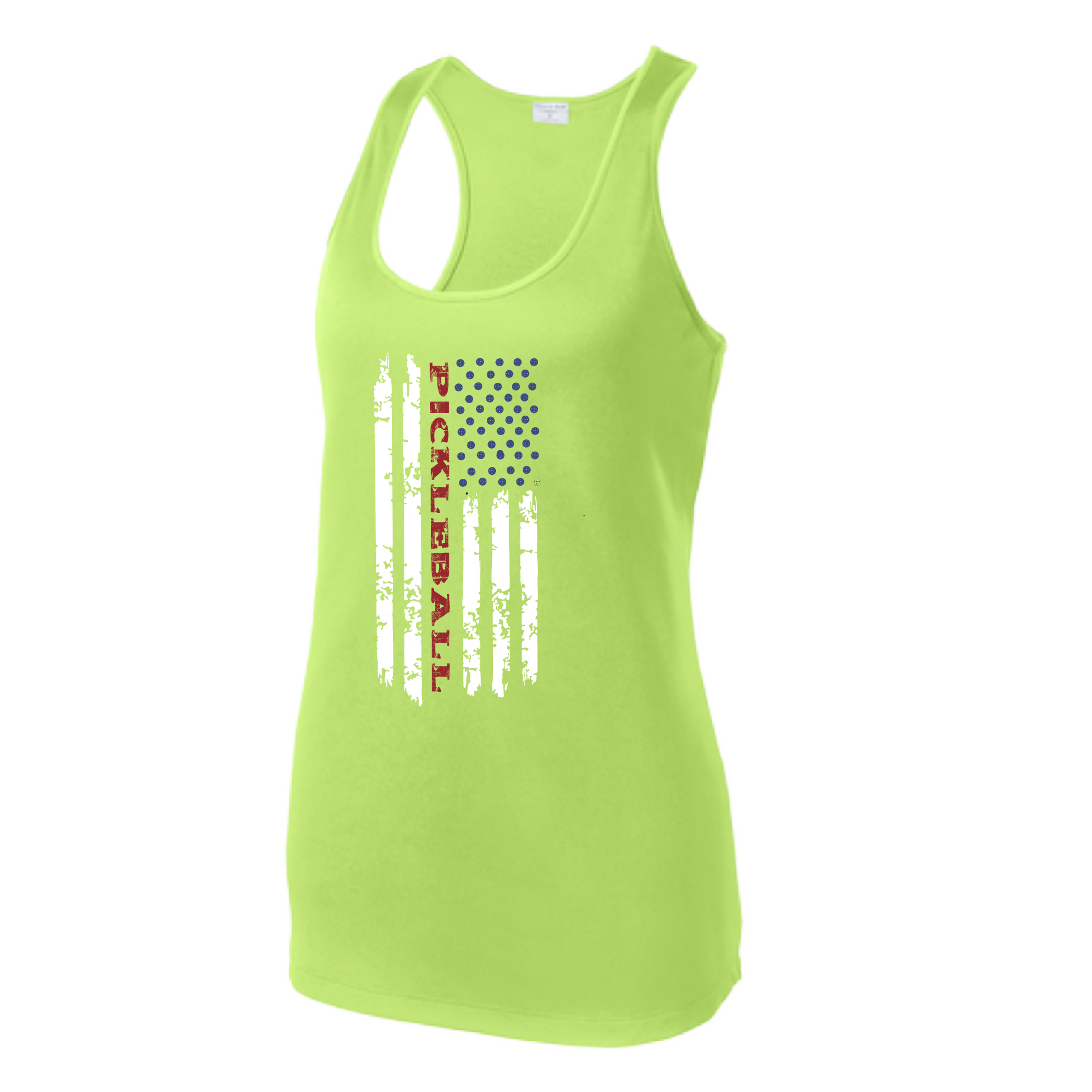 Pickleball Design: Pickleball Flag Horizontal or Vertical on Front of Shirt  Women's Style: Racerback Tank  Turn up the volume in this Women's shirt with its perfect mix of softness and attitude. Material is ultra-comfortable with moisture wicking properties and tri-blend softness. PosiCharge technology locks in color. Highly breathable and lightweight.