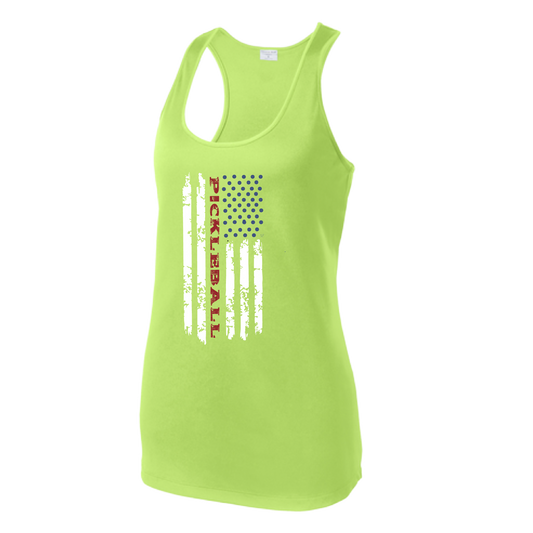 Pickleball Design: Pickleball Flag Horizontal or Vertical on Front of Shirt  Women's Style: Racerback Tank  Turn up the volume in this Women's shirt with its perfect mix of softness and attitude. Material is ultra-comfortable with moisture wicking properties and tri-blend softness. PosiCharge technology locks in color. Highly breathable and lightweight.