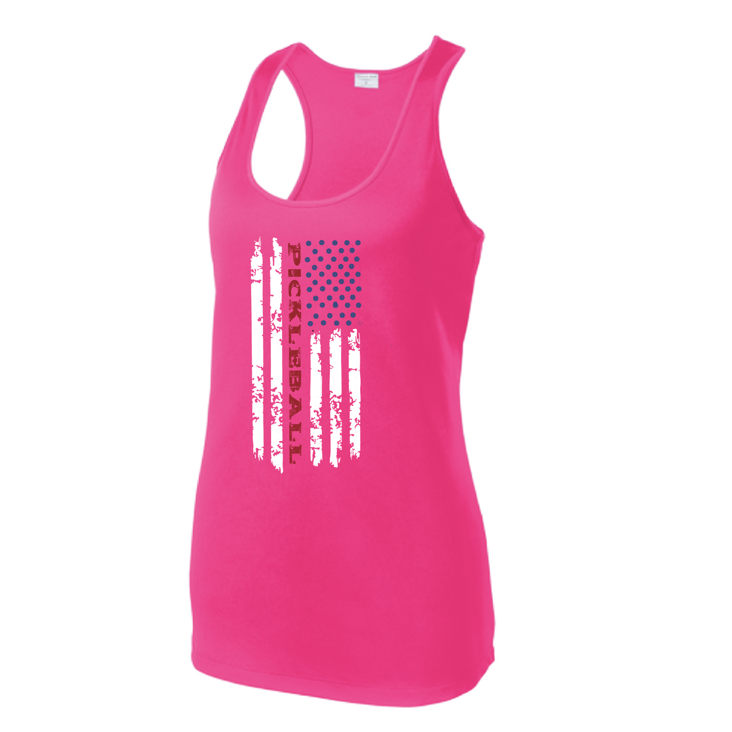 Pickleball Design: Pickleball Flag Horizontal or Vertical on Front of Shirt  Women's Style: Racerback Tank  Turn up the volume in this Women's shirt with its perfect mix of softness and attitude. Material is ultra-comfortable with moisture wicking properties and tri-blend softness. PosiCharge technology locks in color. Highly breathable and lightweight.