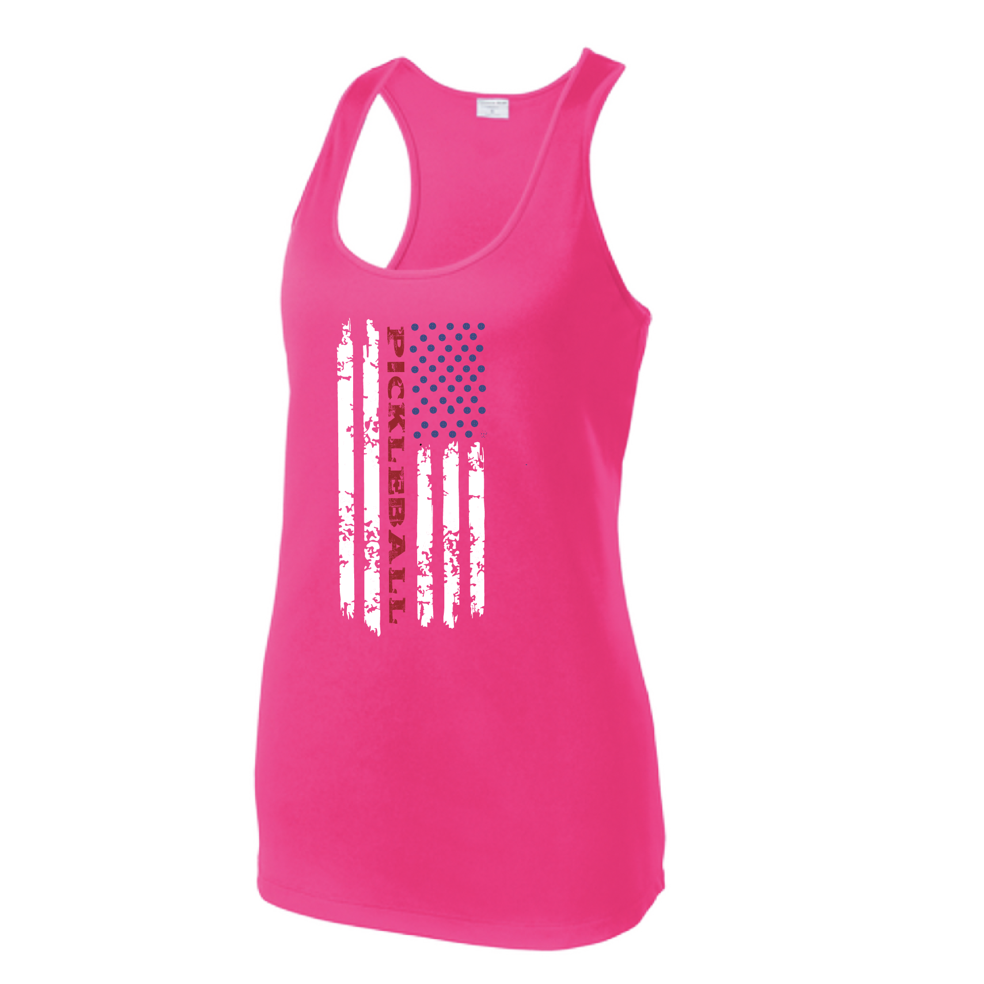 Pickleball Design: Pickleball Flag Horizontal or Vertical on Front of Shirt  Women's Style: Racerback Tank  Turn up the volume in this Women's shirt with its perfect mix of softness and attitude. Material is ultra-comfortable with moisture wicking properties and tri-blend softness. PosiCharge technology locks in color. Highly breathable and lightweight.