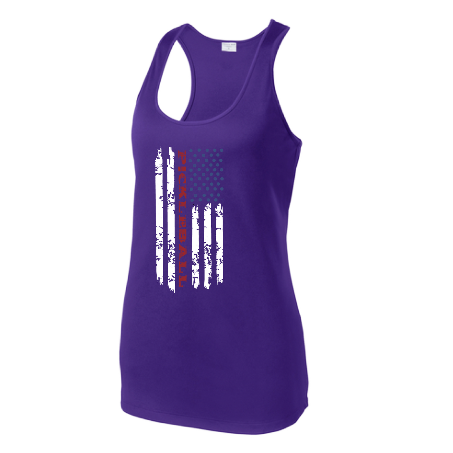 Pickleball Design: Pickleball Flag Horizontal or Vertical on Front of Shirt  Women's Style: Racerback Tank  Turn up the volume in this Women's shirt with its perfect mix of softness and attitude. Material is ultra-comfortable with moisture wicking properties and tri-blend softness. PosiCharge technology locks in color. Highly breathable and lightweight.