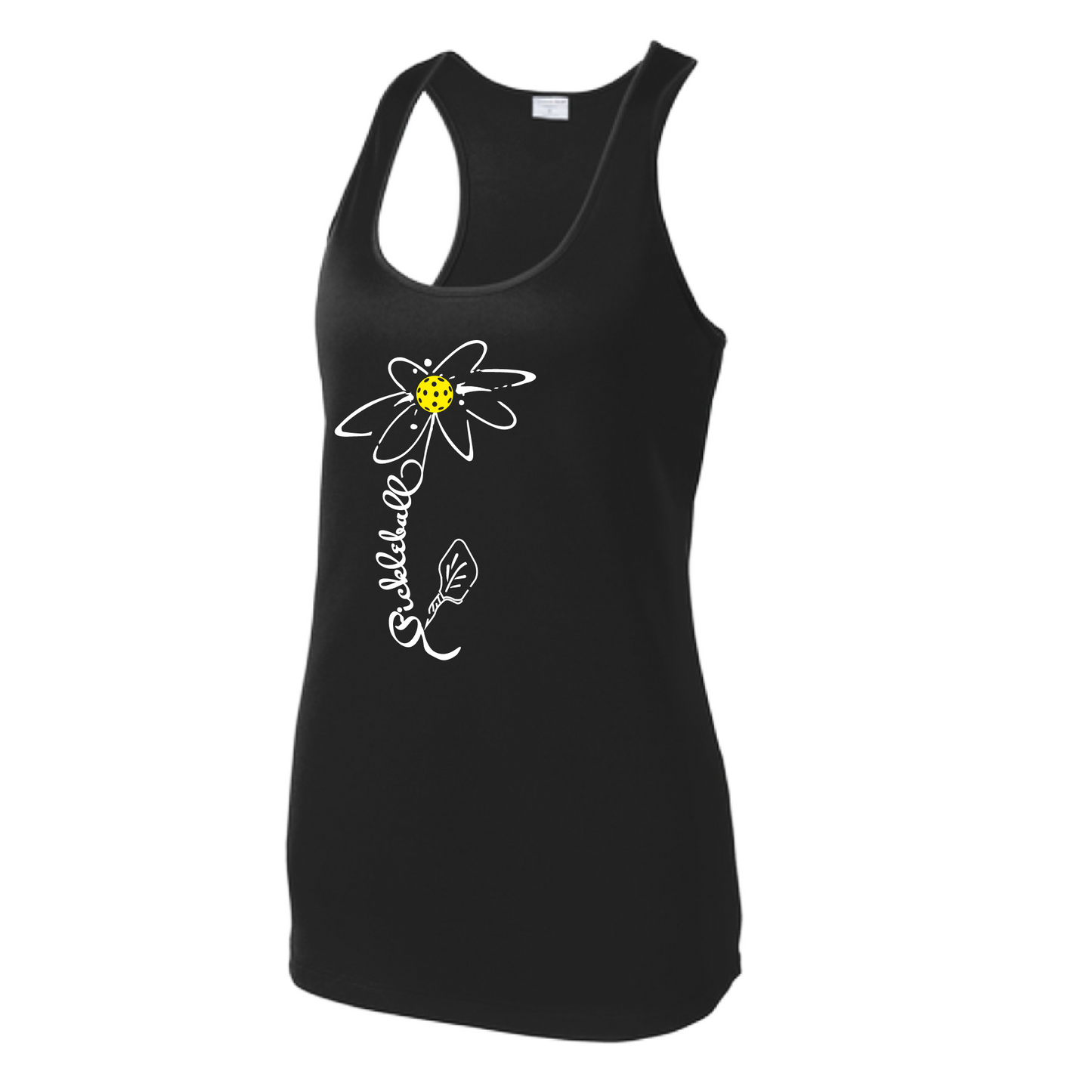 Pickleball Design: Pickleball Flower  Women's Style: Racerback Tank  Turn up the volume in this Women's shirt with its perfect mix of softness and attitude. Material is ultra-comfortable with moisture wicking properties and tri-blend softness. PosiCharge technology locks in color. Highly breathable and lightweight.