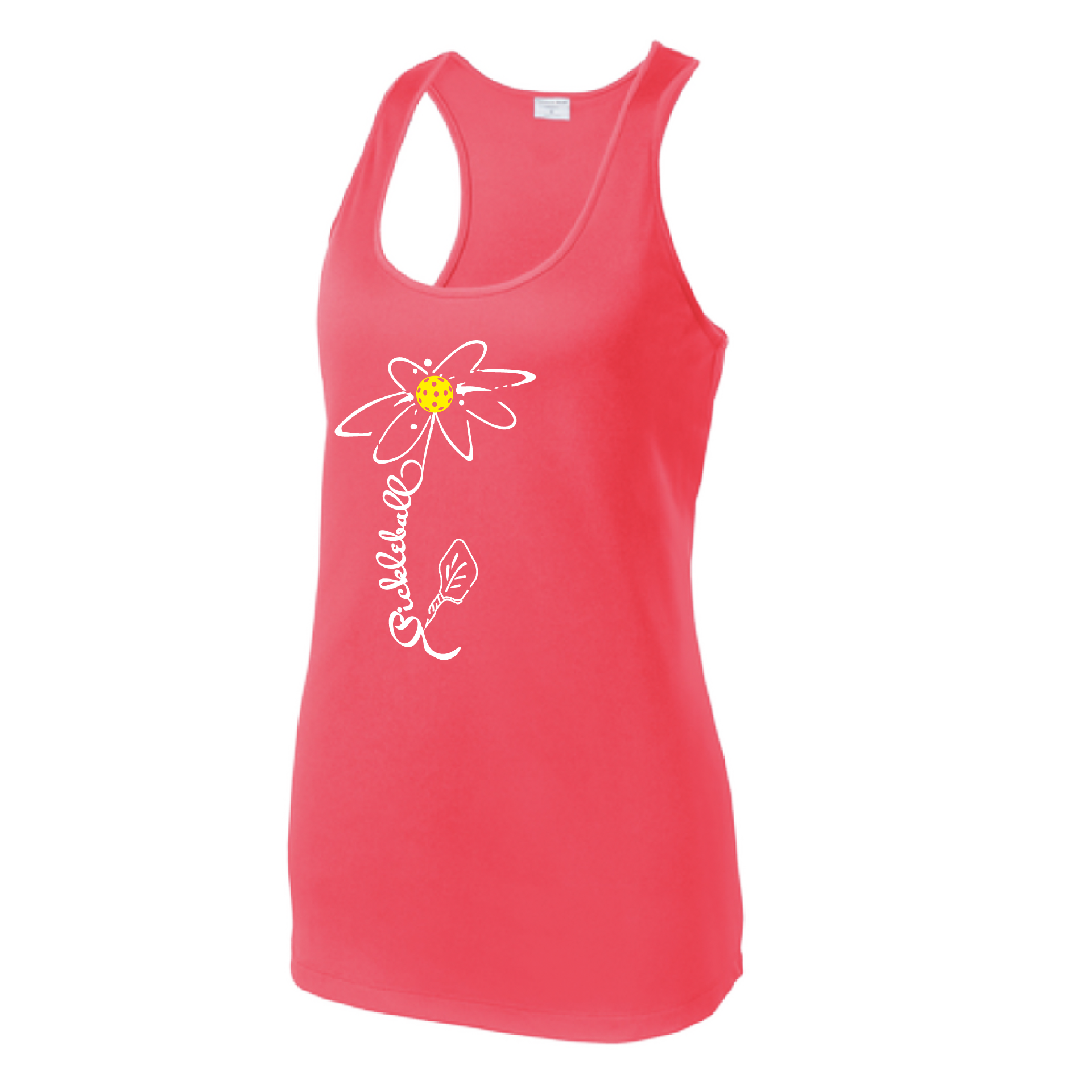 Pickleball Design: Pickleball Flower  Women's Style: Racerback Tank  Turn up the volume in this Women's shirt with its perfect mix of softness and attitude. Material is ultra-comfortable with moisture wicking properties and tri-blend softness. PosiCharge technology locks in color. Highly breathable and lightweight.