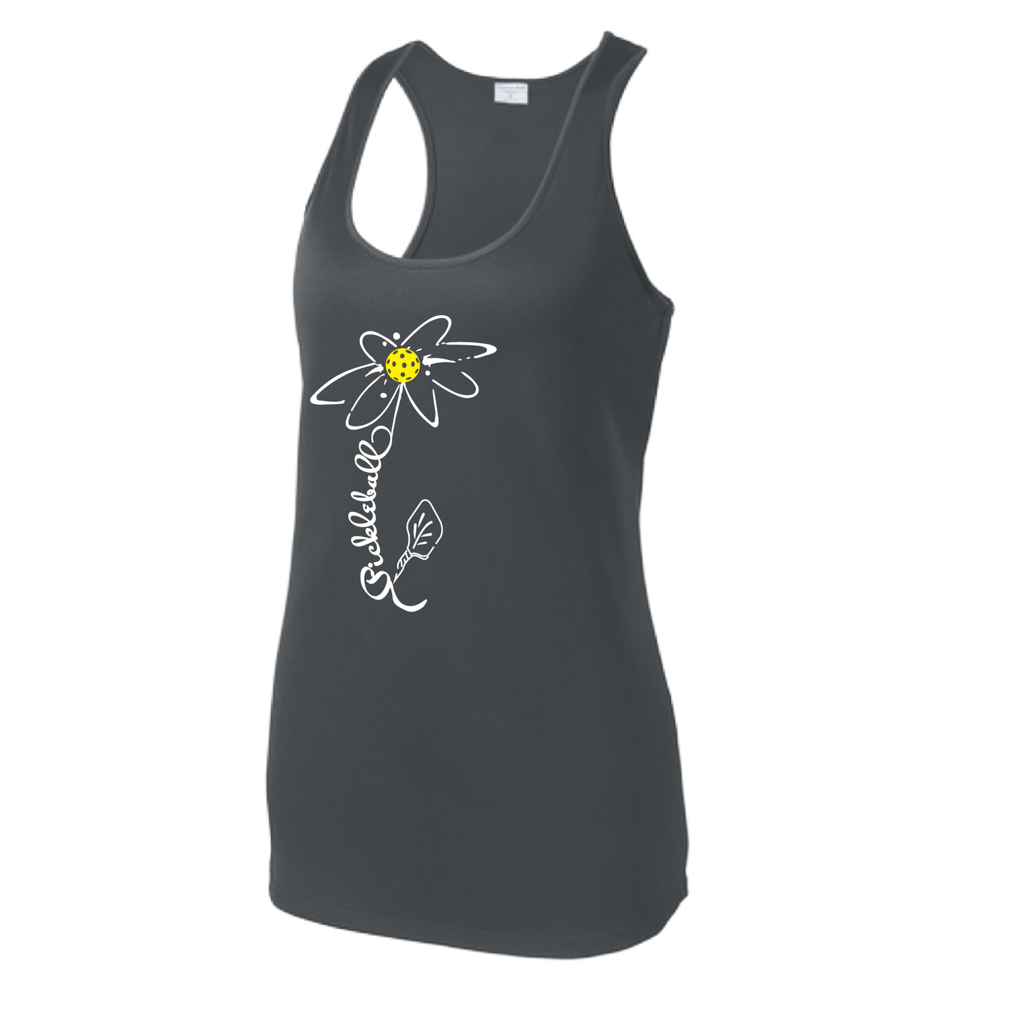 Pickleball Design: Pickleball Flower  Women's Style: Racerback Tank  Turn up the volume in this Women's shirt with its perfect mix of softness and attitude. Material is ultra-comfortable with moisture wicking properties and tri-blend softness. PosiCharge technology locks in color. Highly breathable and lightweight.