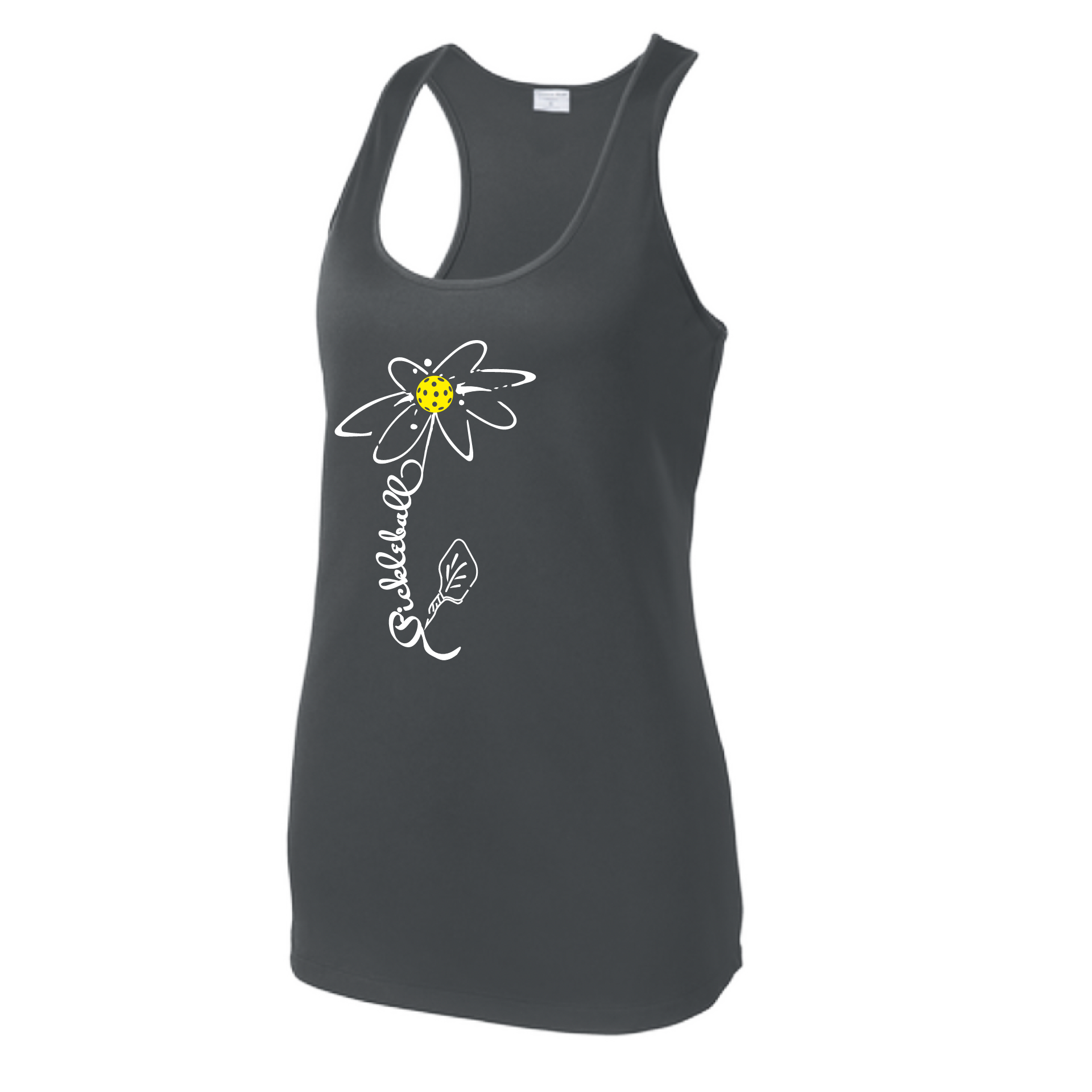 Pickleball Design: Pickleball Flower  Women's Style: Racerback Tank  Turn up the volume in this Women's shirt with its perfect mix of softness and attitude. Material is ultra-comfortable with moisture wicking properties and tri-blend softness. PosiCharge technology locks in color. Highly breathable and lightweight.