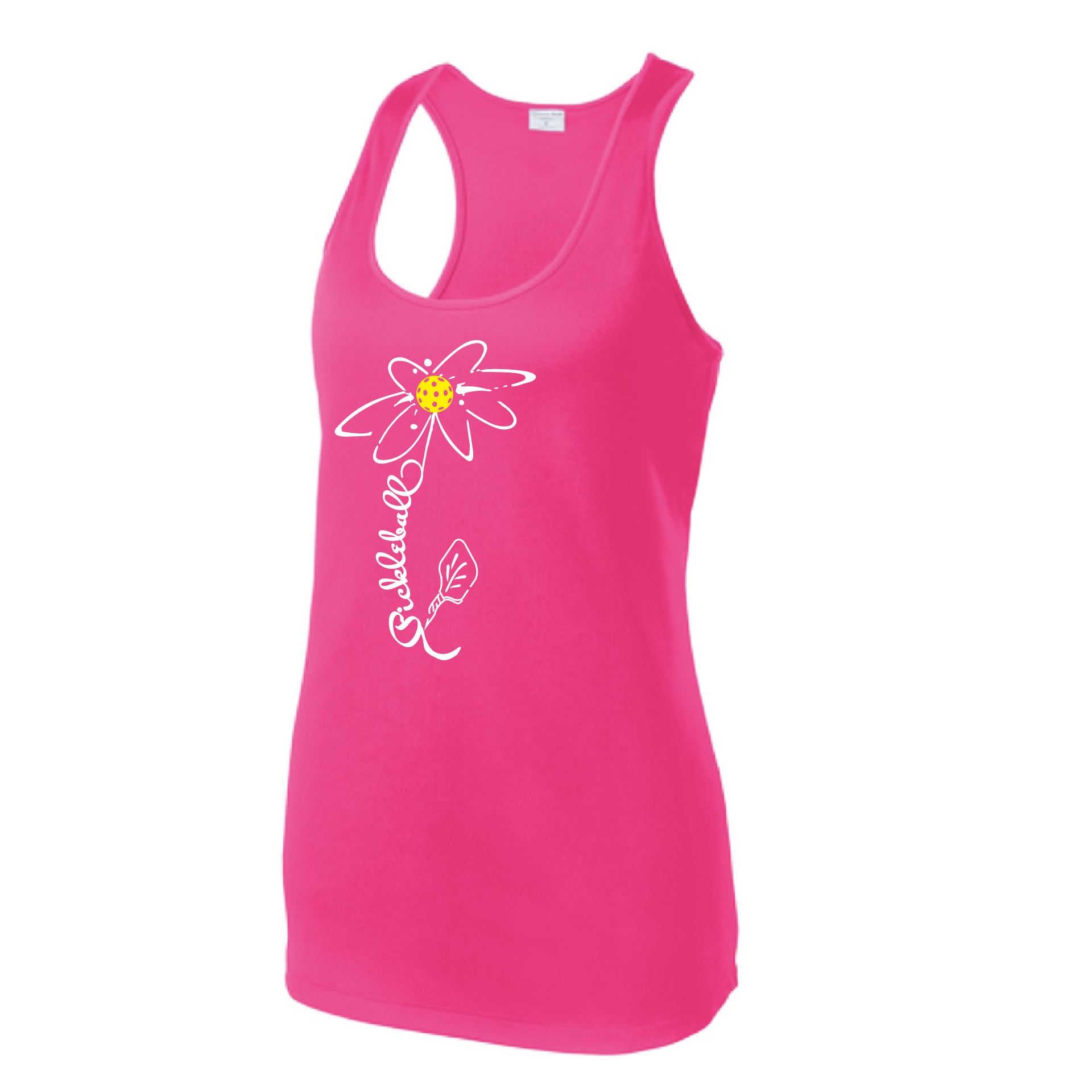 Pickleball Design: Pickleball Flower  Women's Style: Racerback Tank  Turn up the volume in this Women's shirt with its perfect mix of softness and attitude. Material is ultra-comfortable with moisture wicking properties and tri-blend softness. PosiCharge technology locks in color. Highly breathable and lightweight.