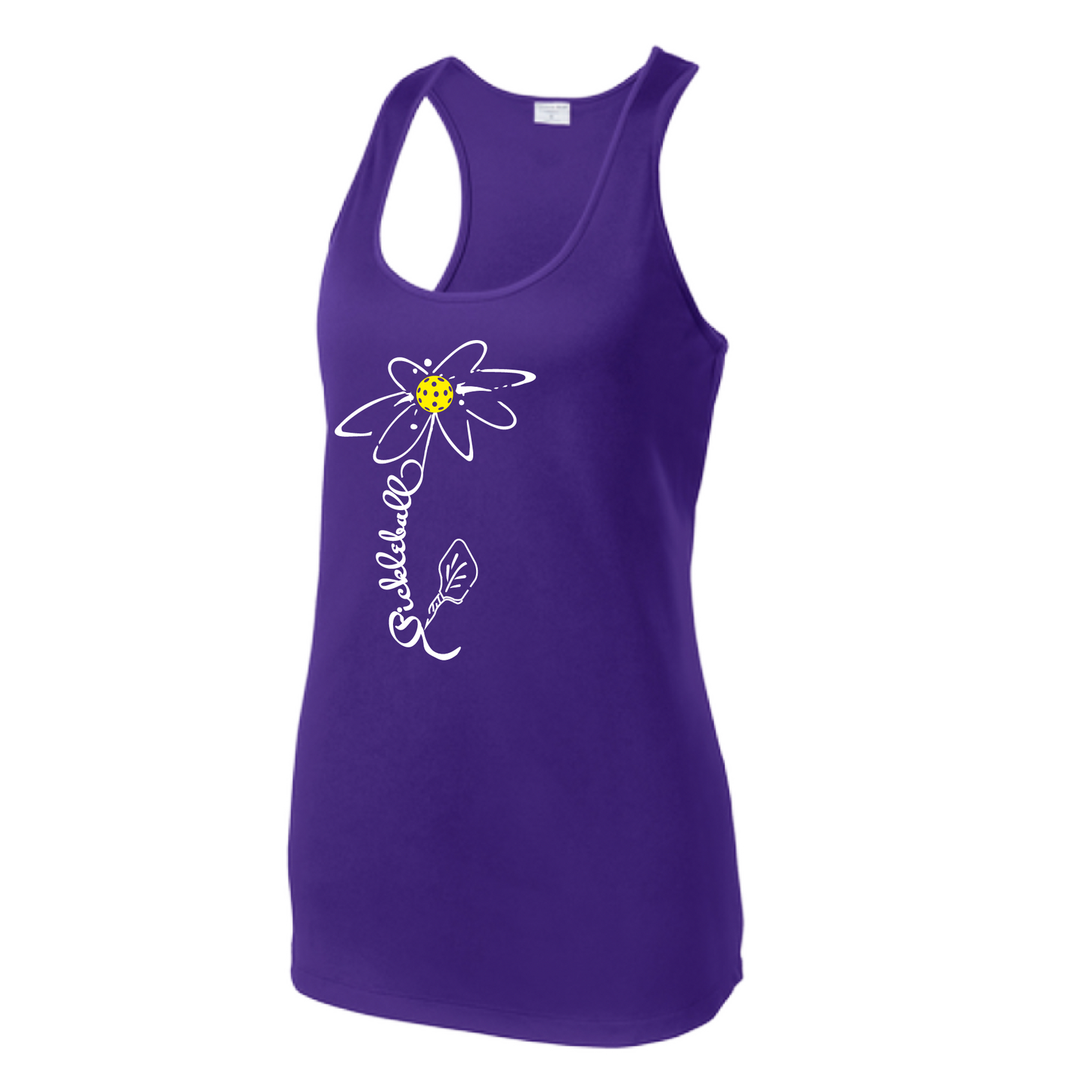 Pickleball Design: Pickleball Flower  Women's Style: Racerback Tank  Turn up the volume in this Women's shirt with its perfect mix of softness and attitude. Material is ultra-comfortable with moisture wicking properties and tri-blend softness. PosiCharge technology locks in color. Highly breathable and lightweight.