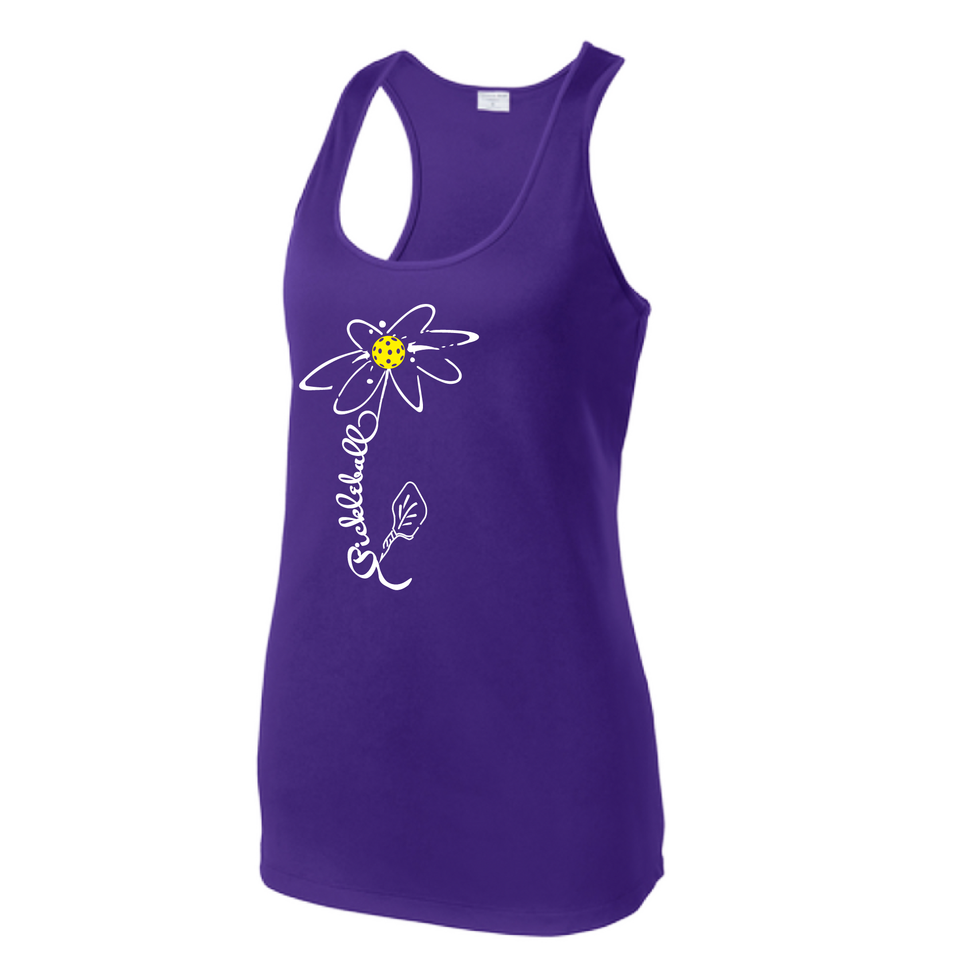 Pickleball Design: Pickleball Flower  Women's Style: Racerback Tank  Turn up the volume in this Women's shirt with its perfect mix of softness and attitude. Material is ultra-comfortable with moisture wicking properties and tri-blend softness. PosiCharge technology locks in color. Highly breathable and lightweight.