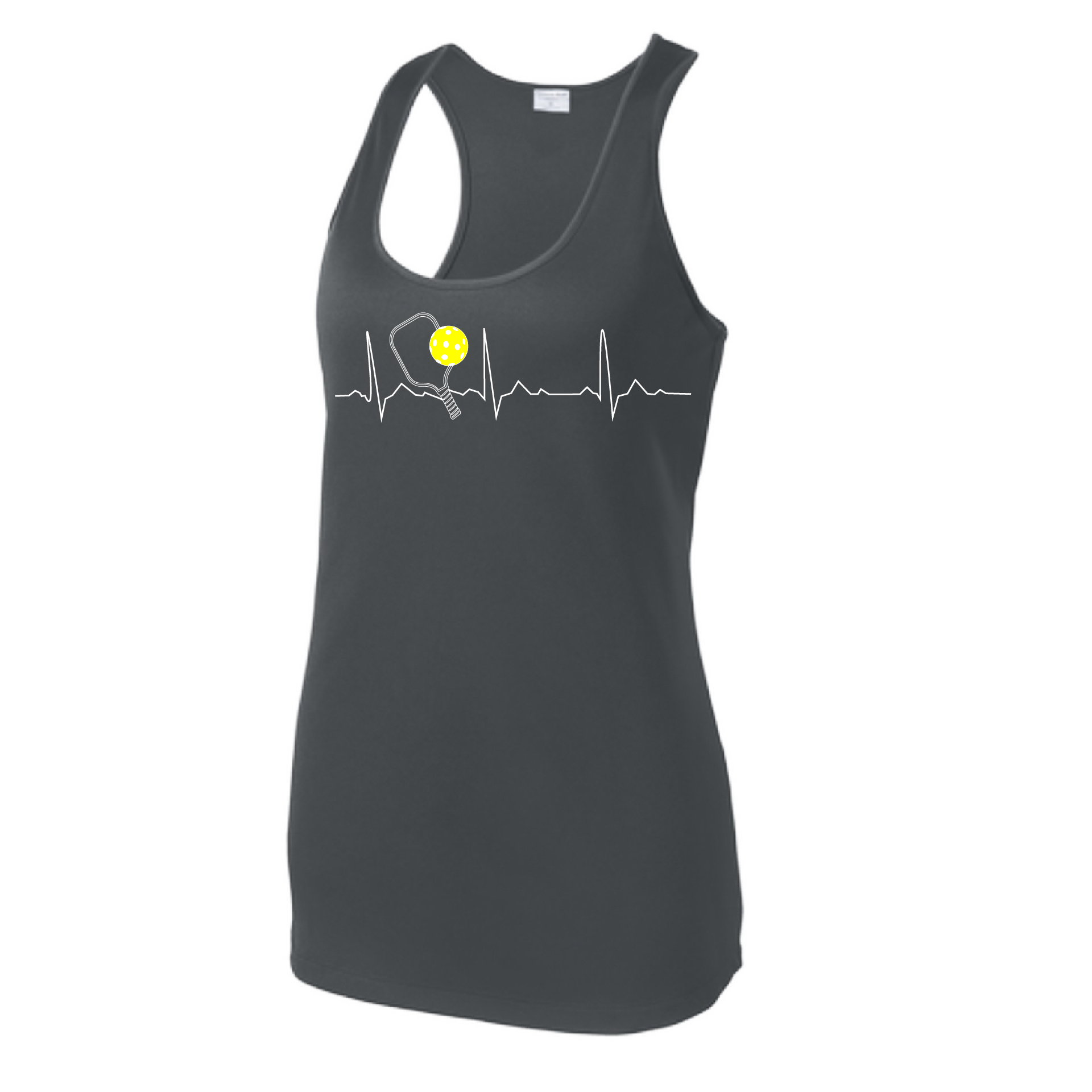 Pickleball Design: Heartbeat  Women's Style: Racerback Tank  Turn up the volume in this Women's shirt with its perfect mix of softness and attitude. Material is ultra-comfortable with moisture wicking properties and tri-blend softness. PosiCharge technology locks in color. Highly breathable and lightweight.