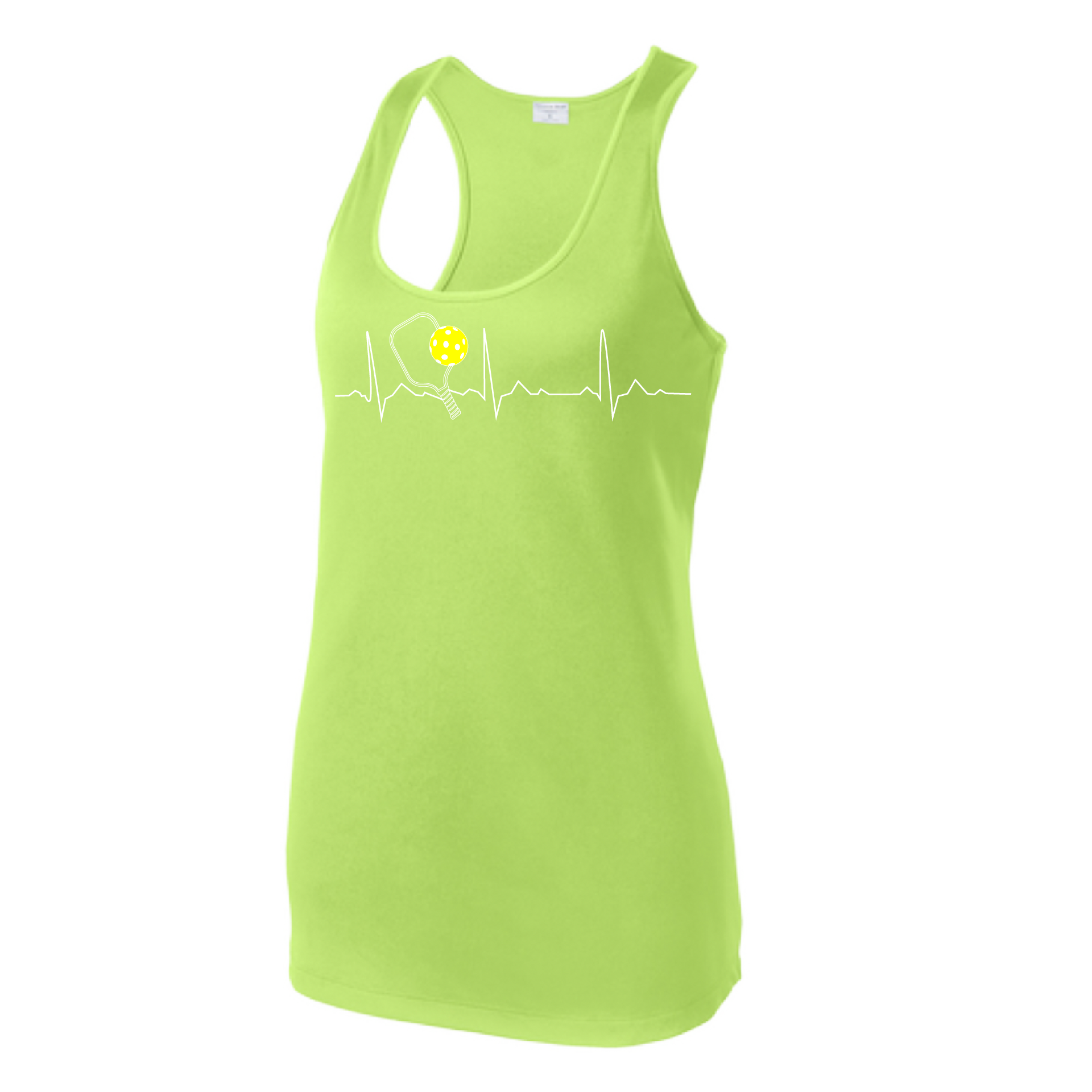 Pickleball Design: Heartbeat  Women's Style: Racerback Tank  Turn up the volume in this Women's shirt with its perfect mix of softness and attitude. Material is ultra-comfortable with moisture wicking properties and tri-blend softness. PosiCharge technology locks in color. Highly breathable and lightweight.