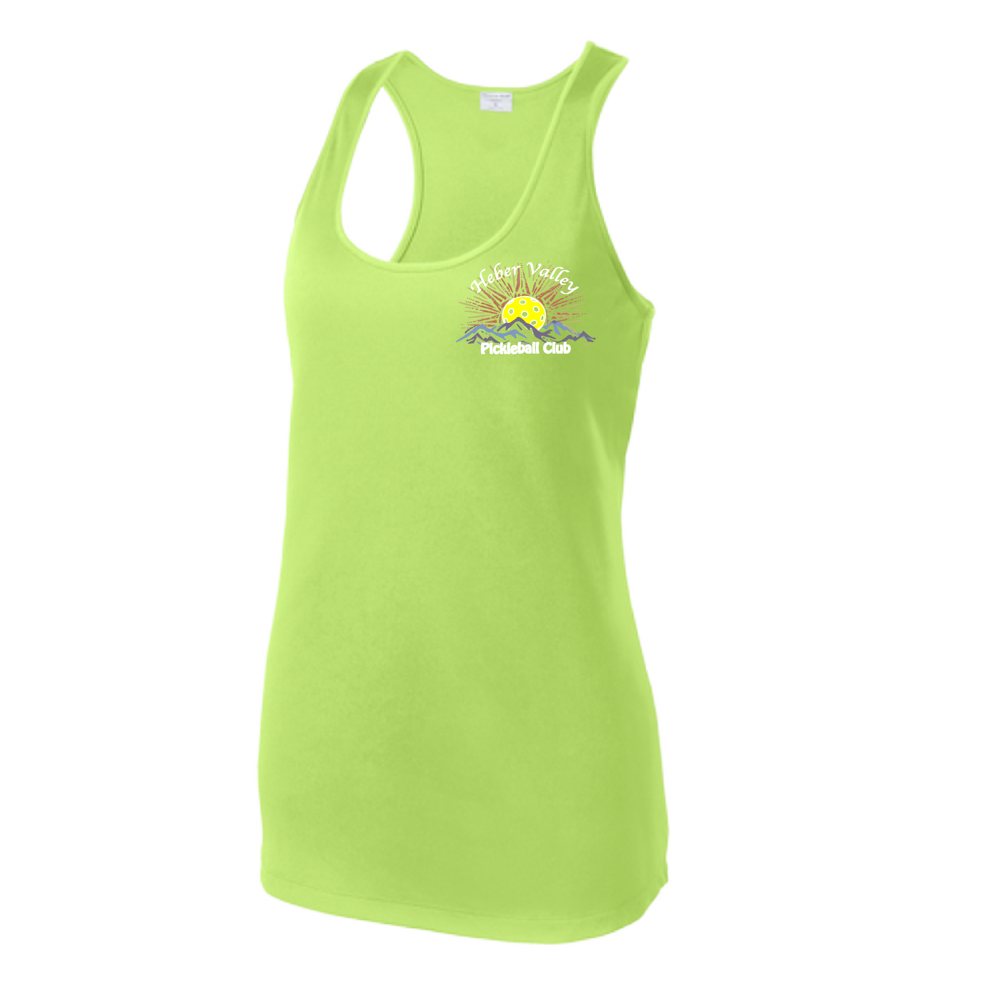 Pickleball Shirt Design: Heber Valley Pickleball Club  Women's Style: Racerback Tank  Turn up the volume in this Women's shirt with its perfect mix of softness and attitude. Material is ultra-comfortable with moisture wicking properties and tri-blend softness. PosiCharge technology locks in color. Highly breathable and lightweight.