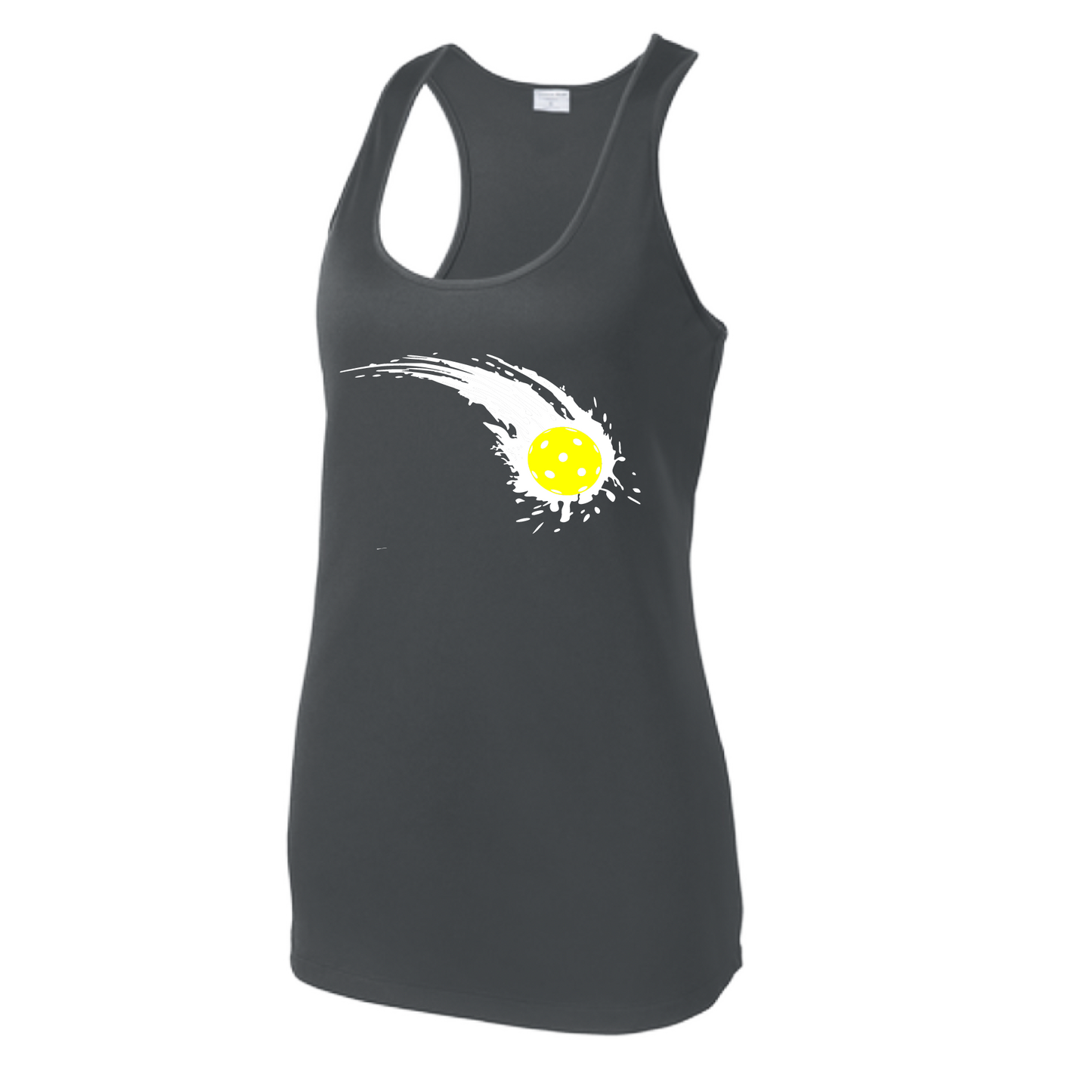 Pickleball Design: Impact  Women's Style: Racerback Tank  Turn up the volume in this Women's shirt with its perfect mix of softness and attitude. Material is ultra-comfortable with moisture wicking properties and tri-blend softness. PosiCharge technology locks in color. Highly breathable and lightweight.